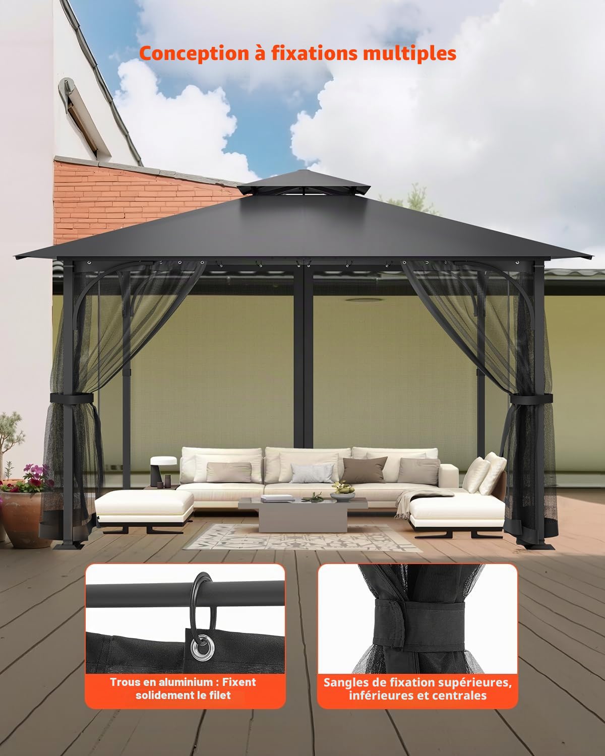 VEVOR Moustiquaire Tonnelle de 304,8x304,8x198,1 cm, Moustiquaire Gazebo Extérieur, avec Double Fermeture Éclair, Rideau de Tonnelle en Maille Anti-moucherons pour Jardin, Patio, Filet Uniquement