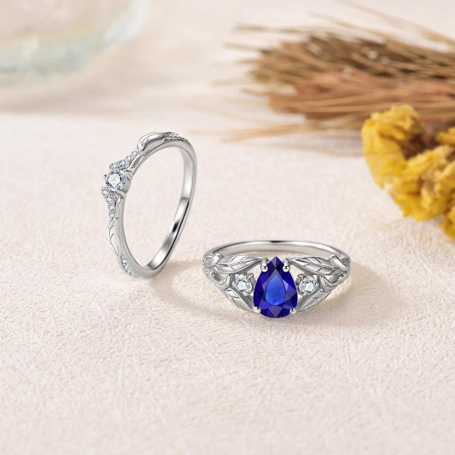 Pear Cut Natural Alexandrite Engagement Ring Sets for Women,925 Sterling Silver Moissanite Leaf Wedding Ringd Set Anniversary Jewelry Bridal Gifts for Women - Image 2