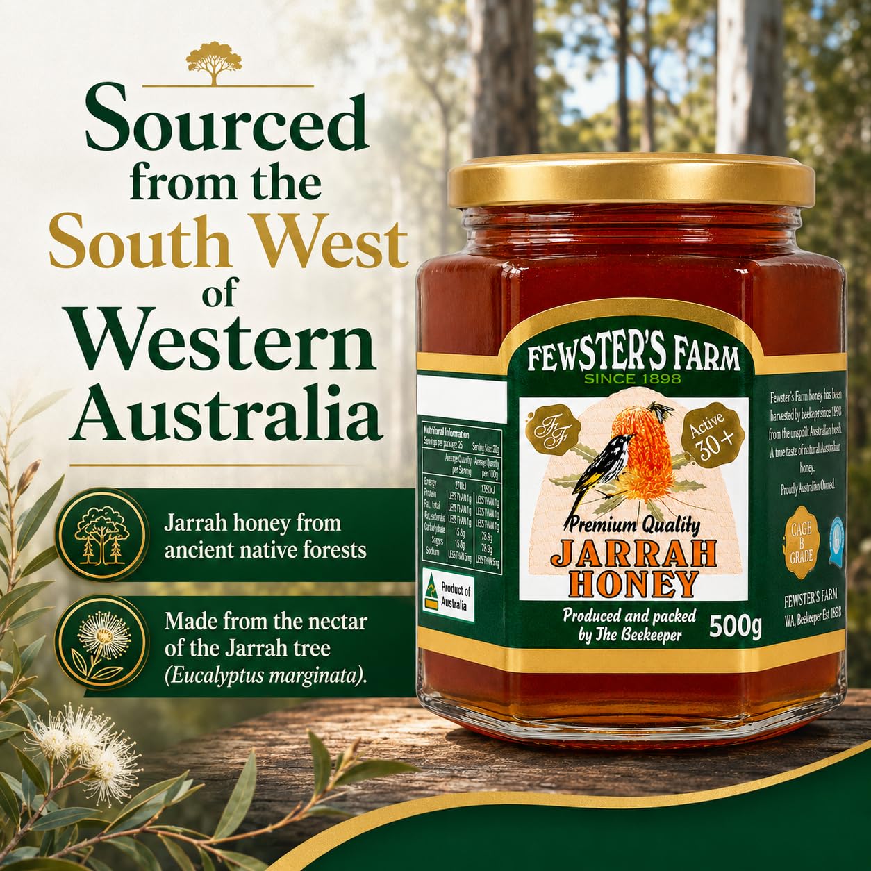 Fewster's Farm TA 30+ Jarrah Honig 500 g – Jarrah-Honig ist Nektar, der von Bienen aus den Blüten des Jarrah-Baums gesammelt wird.