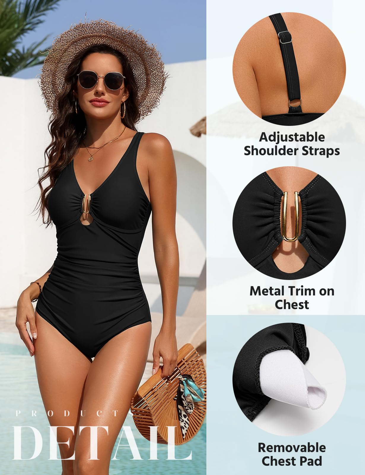 Maillot De Bain Femme 1 Pieces Gaine Ventre Plat Maillots Une Pièce Push Up Rembourré Swimsuit Women Col V Sexy Tankinis Swimwear avec Décorations Métalliques