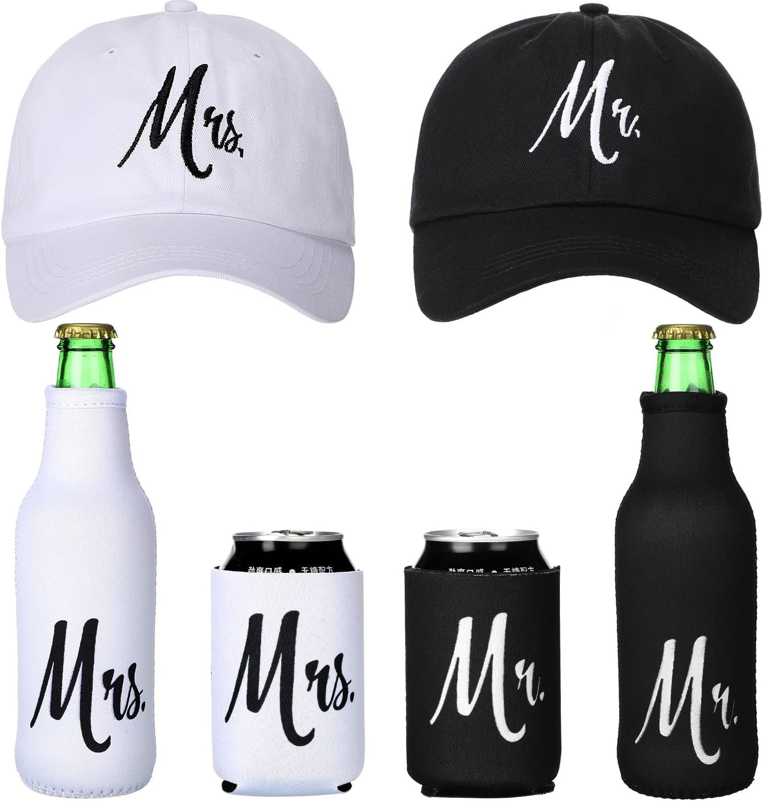 Geyoga 6 Pack Mr and Mrs Gifts Set Include Bride Groom Caps Couples Beer Bottle Coolies Can Coolers Wedding(Baseball Cap)