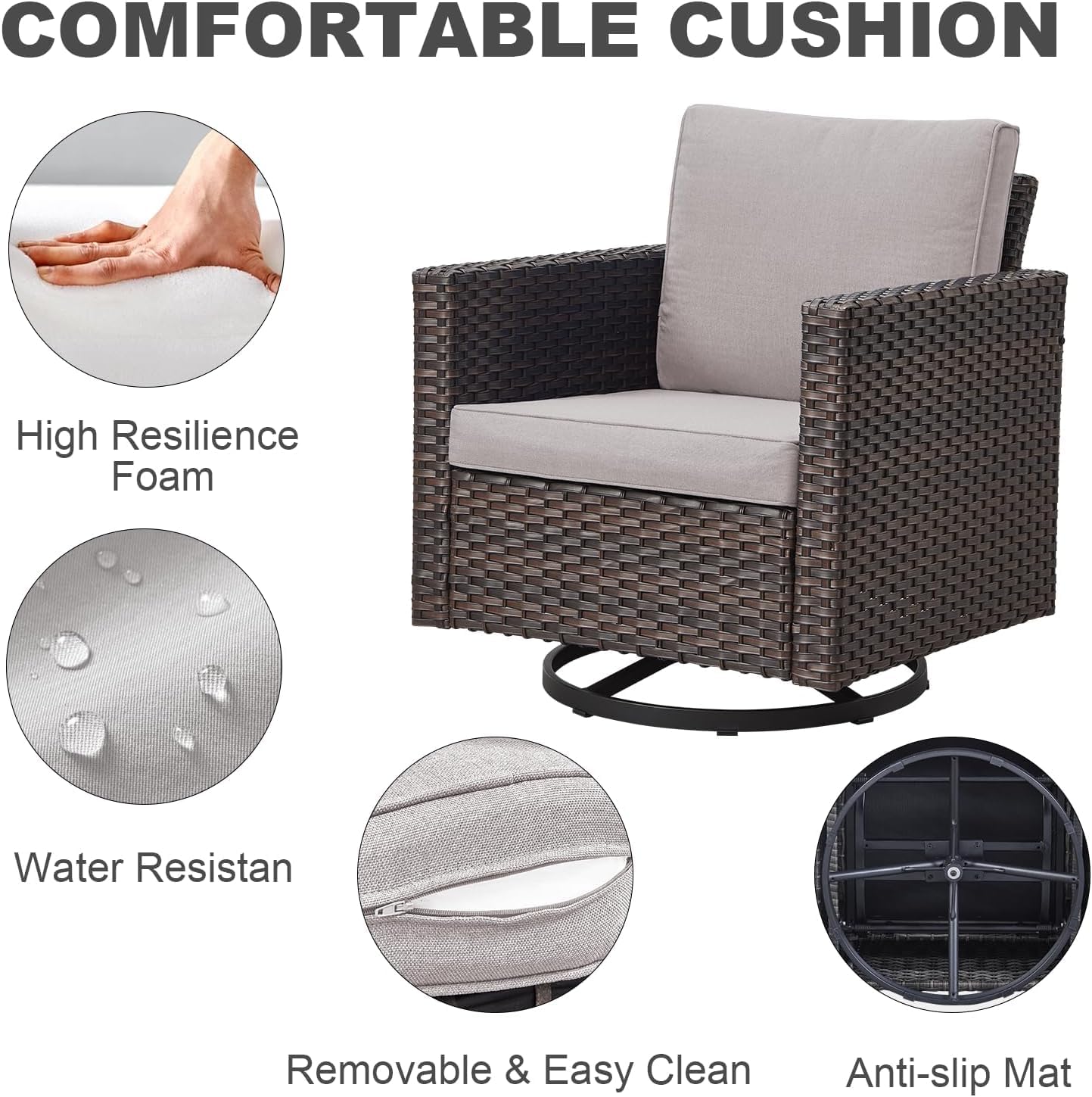Wicker Patio Furniture Set: 6 Piece Outdoor Patio Furniture Set with Swivel Chairs, Includes 2 Swivel Patio Chairs, 1 Outdoor Couch, 1Side Table and 2 Ottoman, Brown/Beige