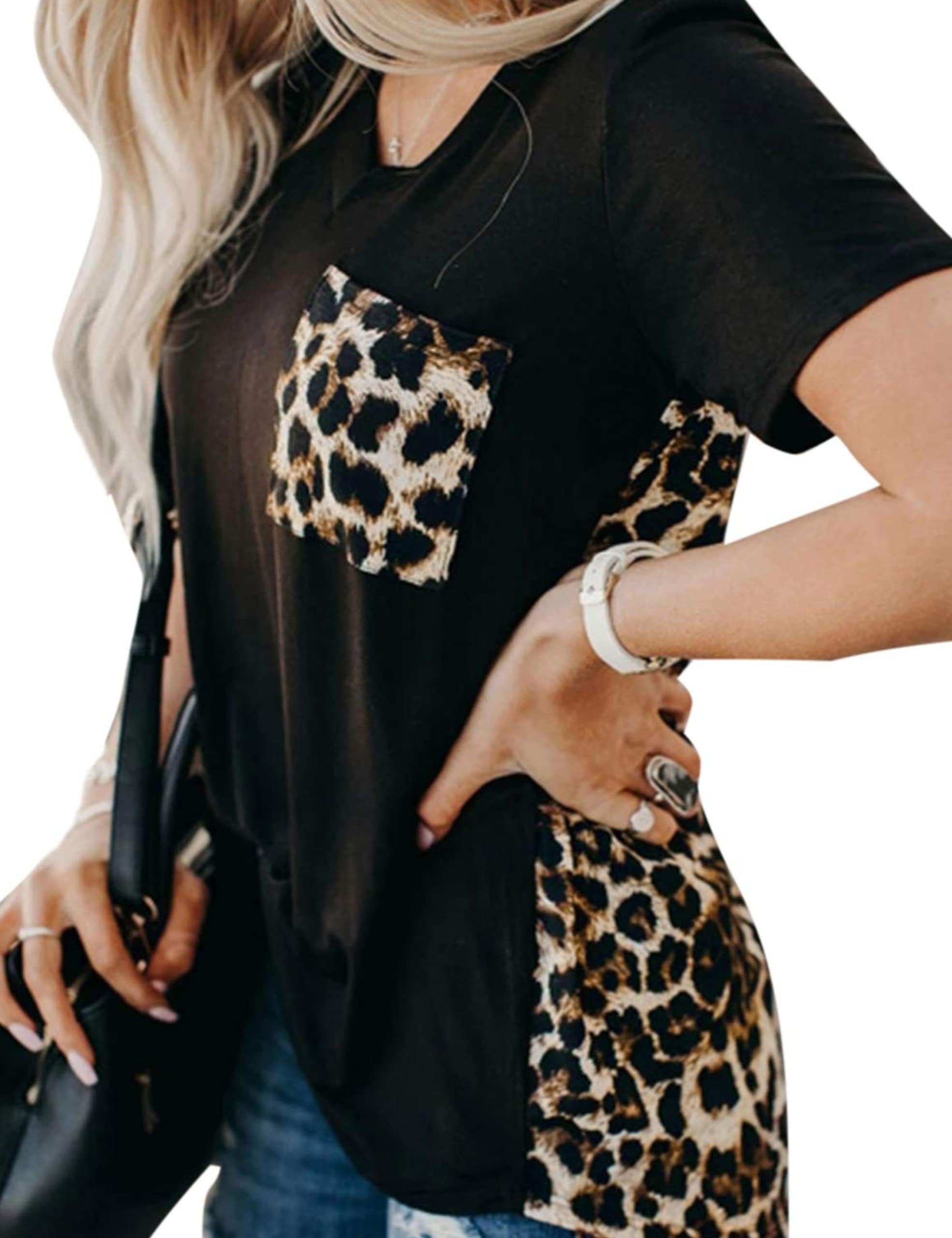 Women's Leopard Print Tops Loose V Neck Shirts Short Sleeve Blouses with Pocket
