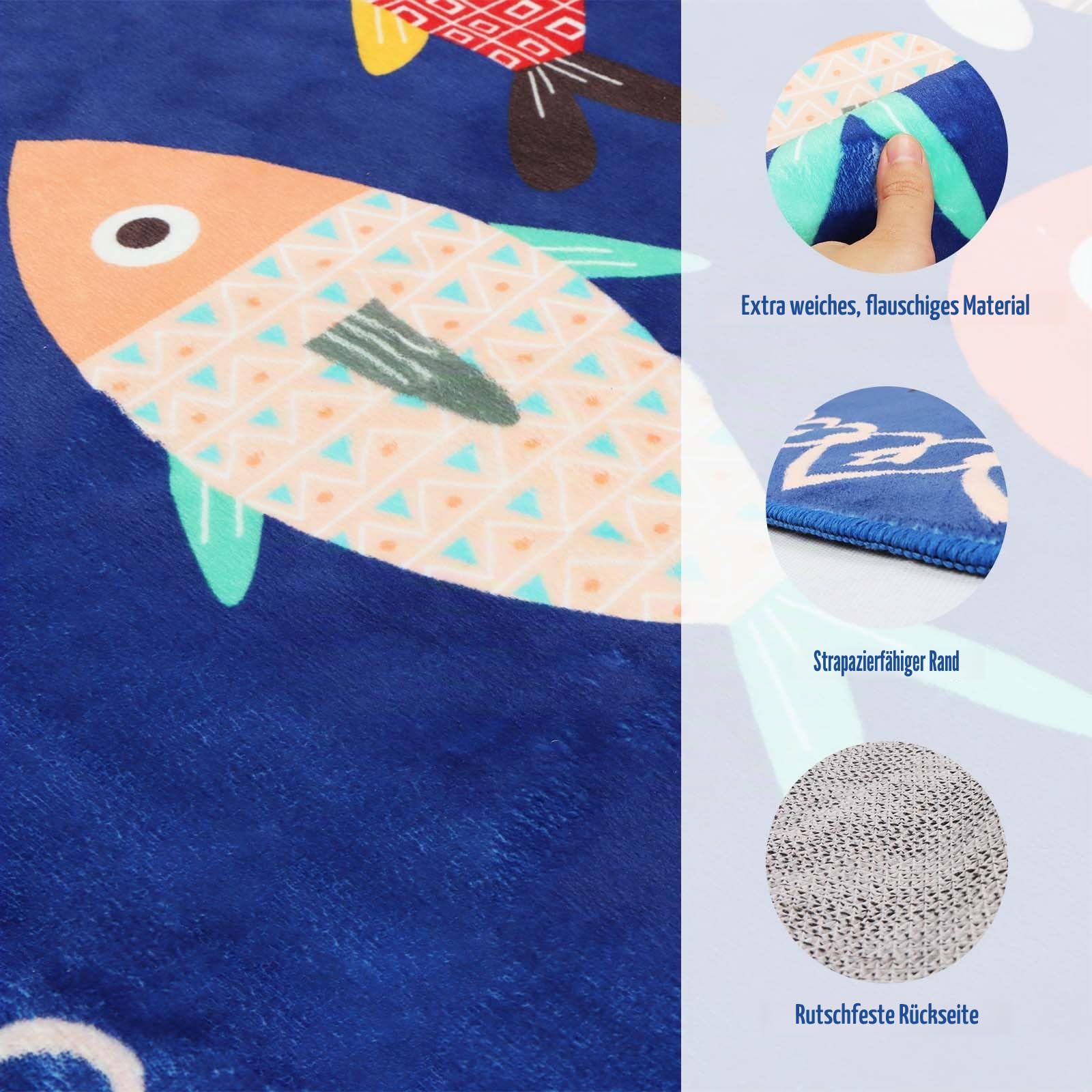 Betadistor Maschinenwaschbarer runder Teppich, 120 cm, rutschfest, Marineblau mit Fisch-Druck, runder Teppich, Überwurfteppich für Wohnzimmer, Küche, Bad, Schlafzimmer, Kreisteppich, blaue Fische,