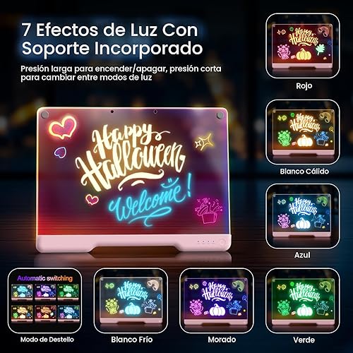 Miniatura 4 de Tablero de Notas LED Doodle Glow Recargable de 16 Pulgadas, 7 Modos de Luz de Color, Almohadilla de Dibujo de Arte Neón de Borrado en Seco Iluminada