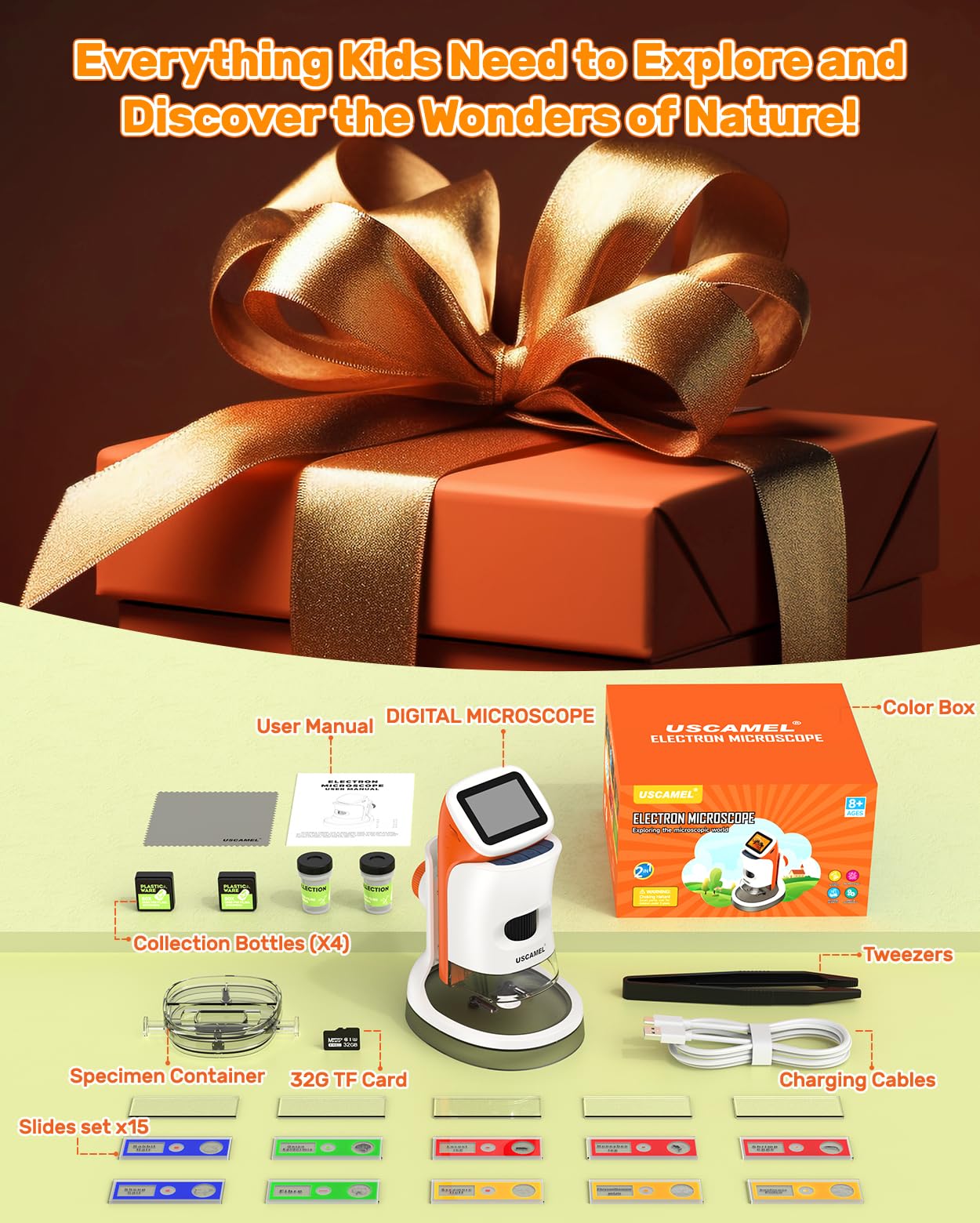 Microscopio para niños con pie: microscopios digitales de mano 100-1000x: Pantalla LCD 4K 2.0 Pulgadas USB portátil Microscopio de bolsillo, con kits científicos, 15 diapositivas, tarjeta de memoria
