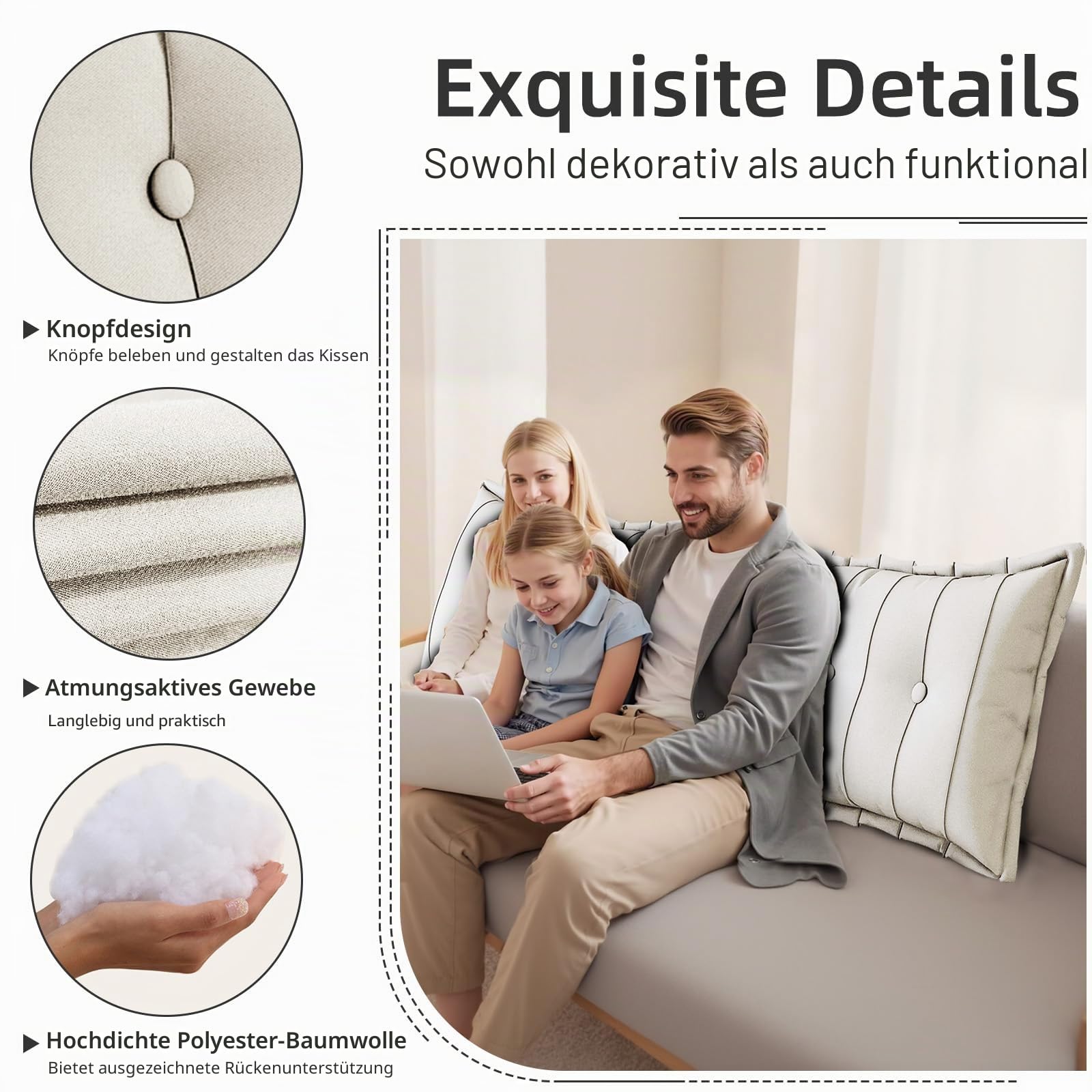 Rückenkissen, Lesekissen für Bett und Sofa, Bequeme bettkopfteil, Keilkissen, Wandkissen, Sitzkissen, Großes Rückenkissen mit waschbarem Bezug - perfekt zum Anlehnen im Bett