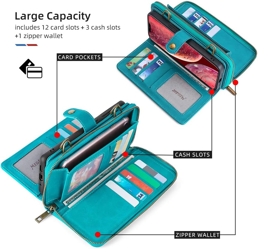 XRPow Wallet Case for iPhone 12 Pro Max 6.7" [2 in 1] Magnetic Detachable Wallet Purse [Crossbody Chain] Durable [PU Leather] Zipper Handbag Folio Flip Card Solt Protection Back Cover - Blue