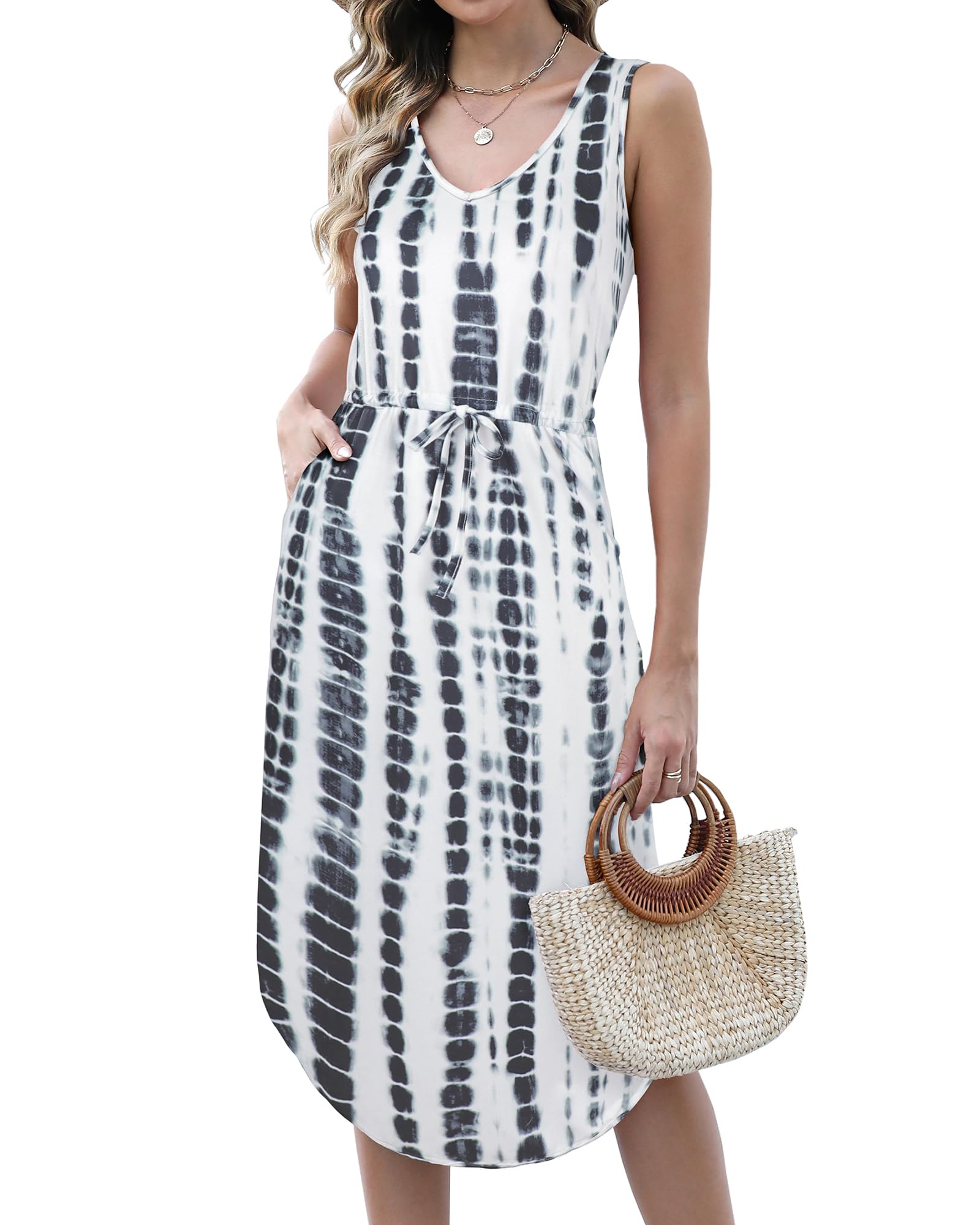 Hount Womens V Neck Sleeveless Casual T Shirt Dress Summer Midi Dress with Pockets