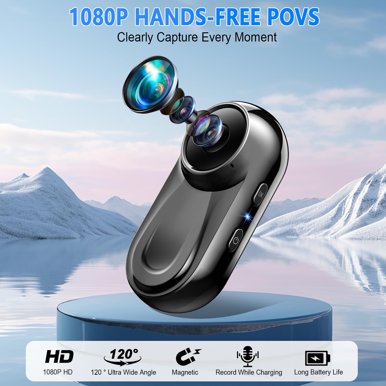 Mini Action Cam 1080P HD, Pocket Body Cam Compatta con Clip Girevole a 360° Clip Magnetica, Vlog Bodycam con Grandangolo 120°, Multifunzione Fotocamera POV per Casco Moto, Viaggi, Ciclismo, Sport Nero