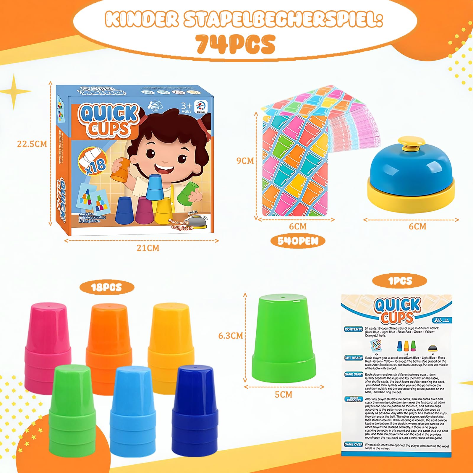 Set di gioco di impilamento di bicchieri sportivi,impilamento rapido di bicchieri per bambini e adulti,18 tazze di velocità ,54 carte,1 campanello,Interattivi Sfidas Velocità Manuale Giochi Tavolo