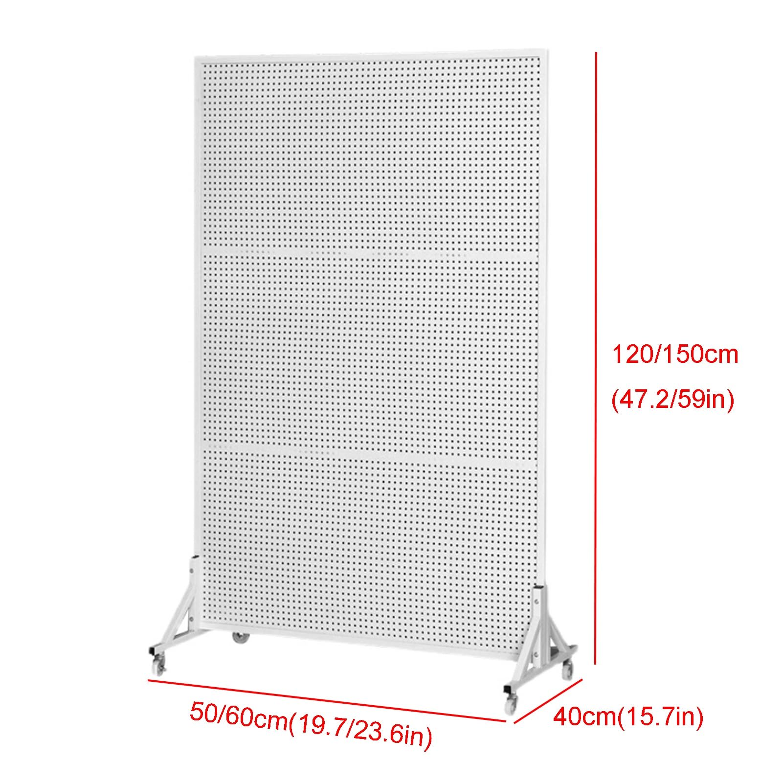 Expositor de metal con panel perforado y 20 ganchos, organizador independiente para tiendas minoristas y ferias de artesanía, sistema de almacenamiento de paneles perforados (blanco, 50 x 40 x 150 c