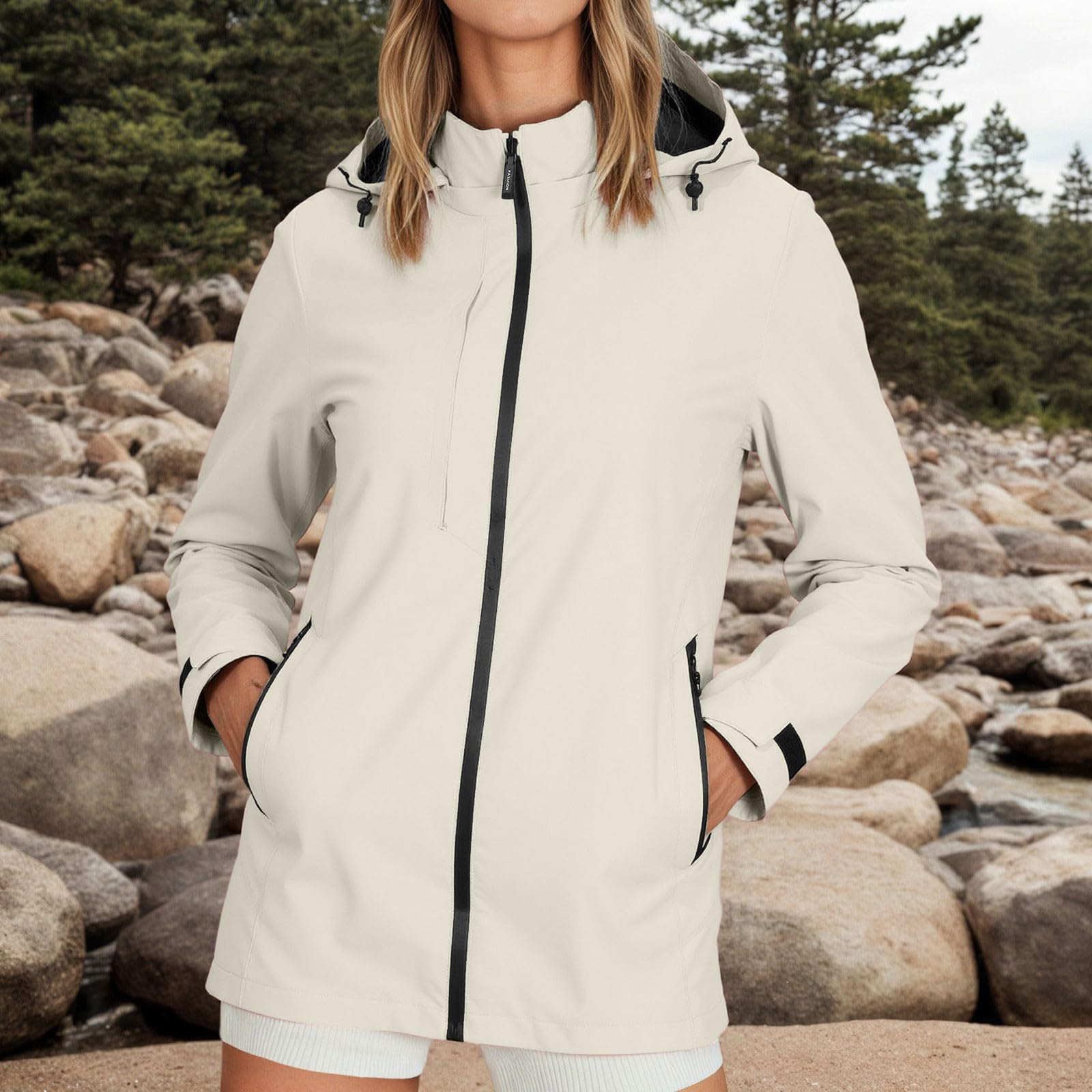 Chaqueta cortavientos ligera para mujer con para acampada al aire libre, viajes, abrigo de entretiempo estampado como protección contra la lluvia en excursiones en primavera (beige, XXXXXL)