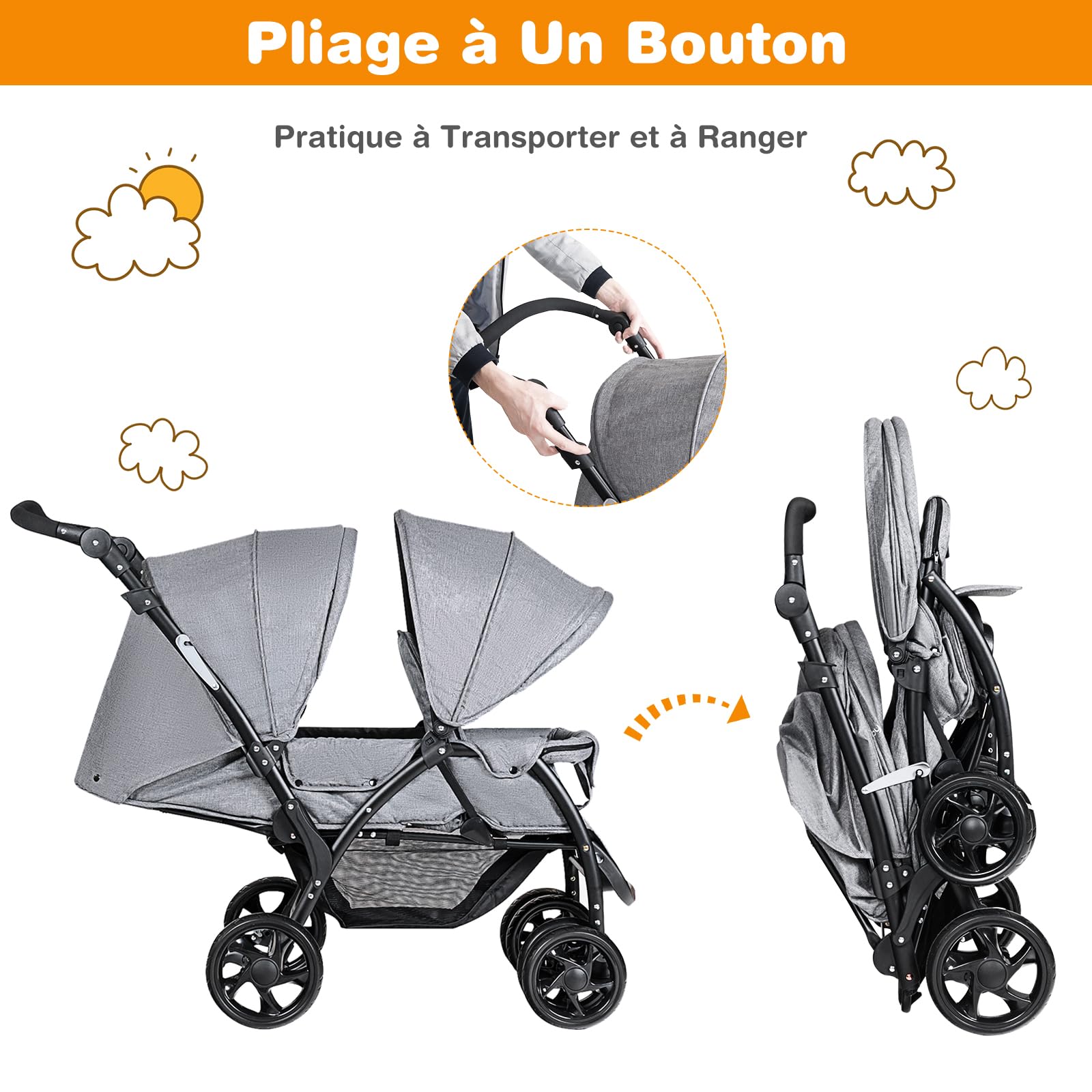 COSTWAY Poussette Canne Bébé 6 Mois+(Charge 30 kg) avec Dossier & Repose-pieds Réglables, Pousette Double Compact et Légère avec canopée, Pliable à une Main, Roues Antidérapants & Rotatives