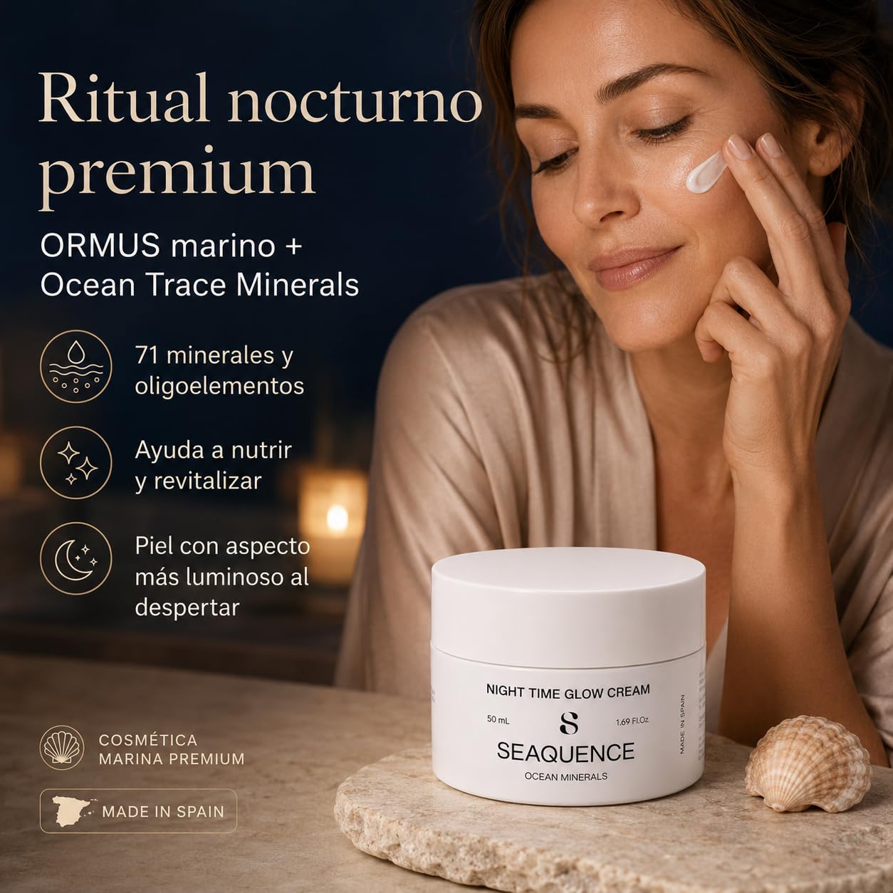 SEAQUENCE Night Time Glow Cream – Crema Facial de Noche con Retinol Liposomado, Hydra 5 Super HA y ORMUS Marino con 71 Elementos – Hidratación, Elasticidad y Luminosidad – 50 ml
