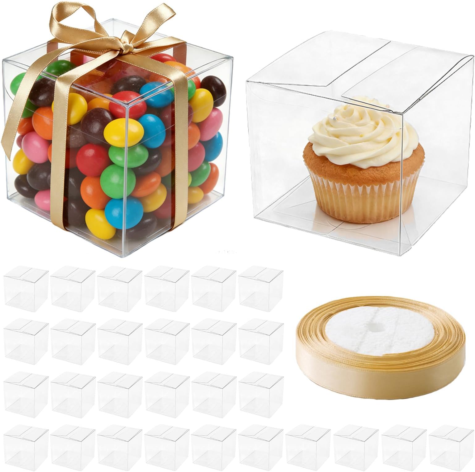 30PCS Clear Favor Boxes, Transparent PVC Cube Boxes, 8 * 8 * 8 cm Small Gift Boxes with Gold Gift Ribbon for Candy Chocolate Birthday, Wedding, Party Favors