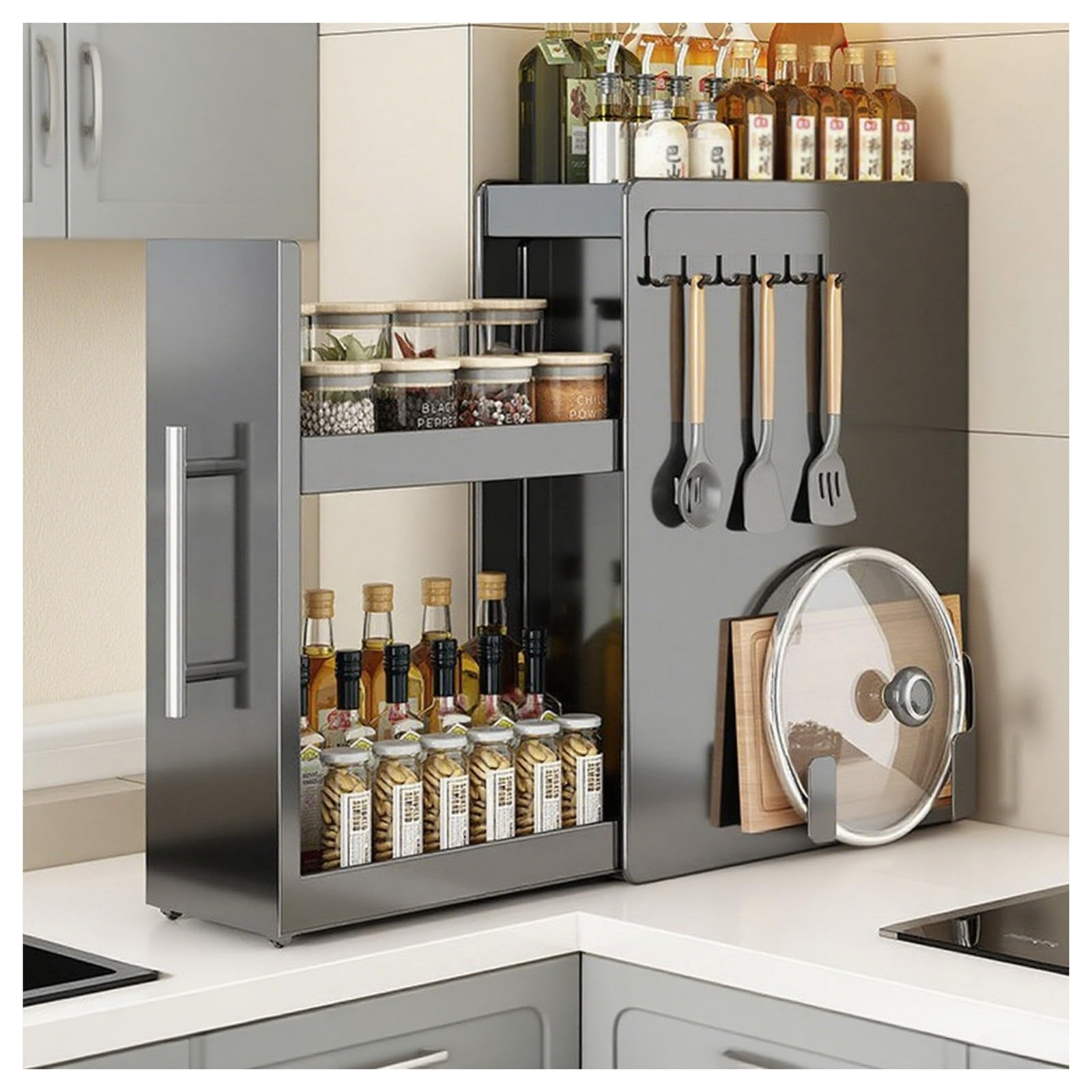 HADECOLL Vertical Sliding Spice Rack, Sturdy Extendable Narrow Metal Shelf With 2 Levels And Drawer, For Kitchen Spices And Cooking Utensils,Black-3 Tier-L