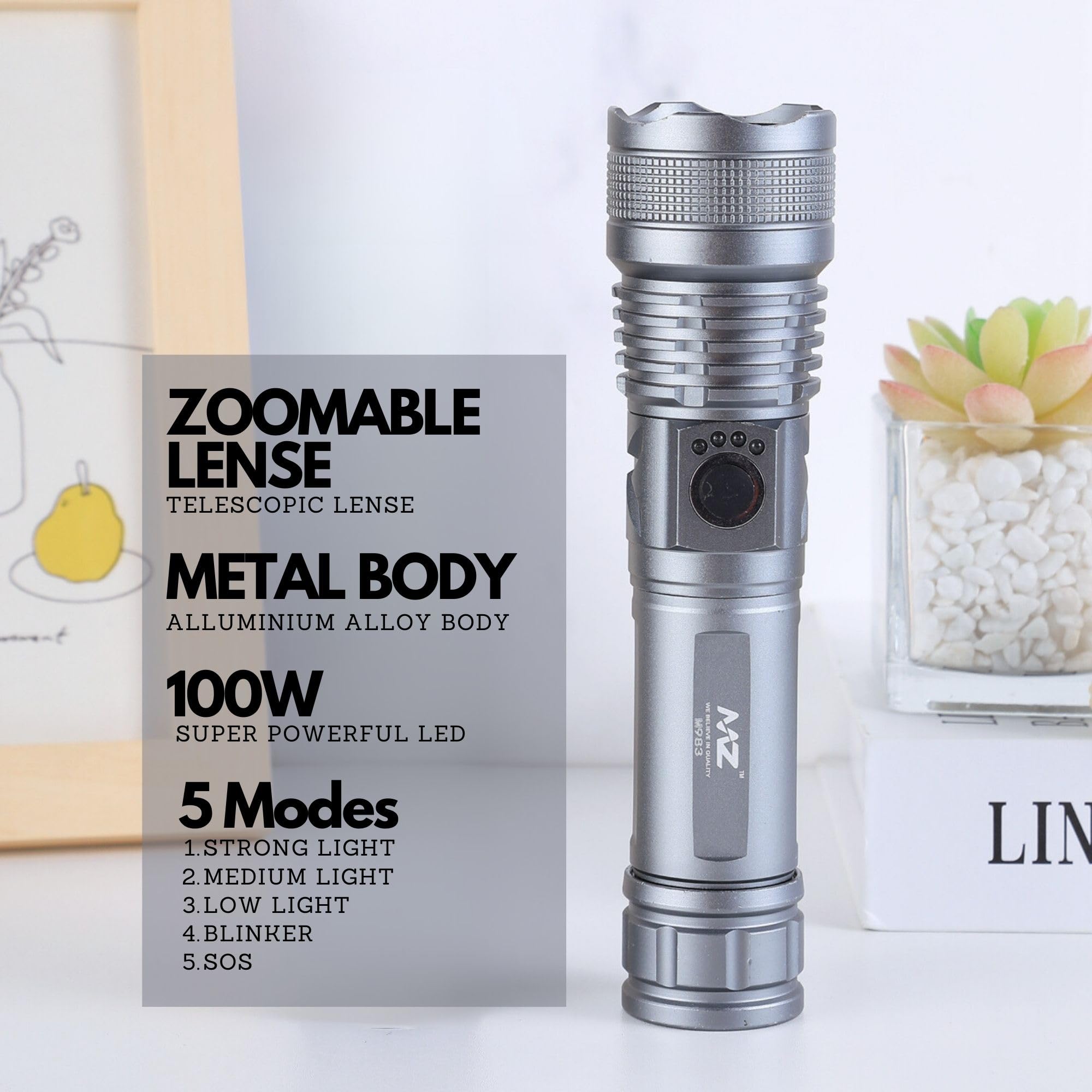 MZ M983 (Rechargeable LED Metal Torch) Zoomable 5 Modes Flashlight