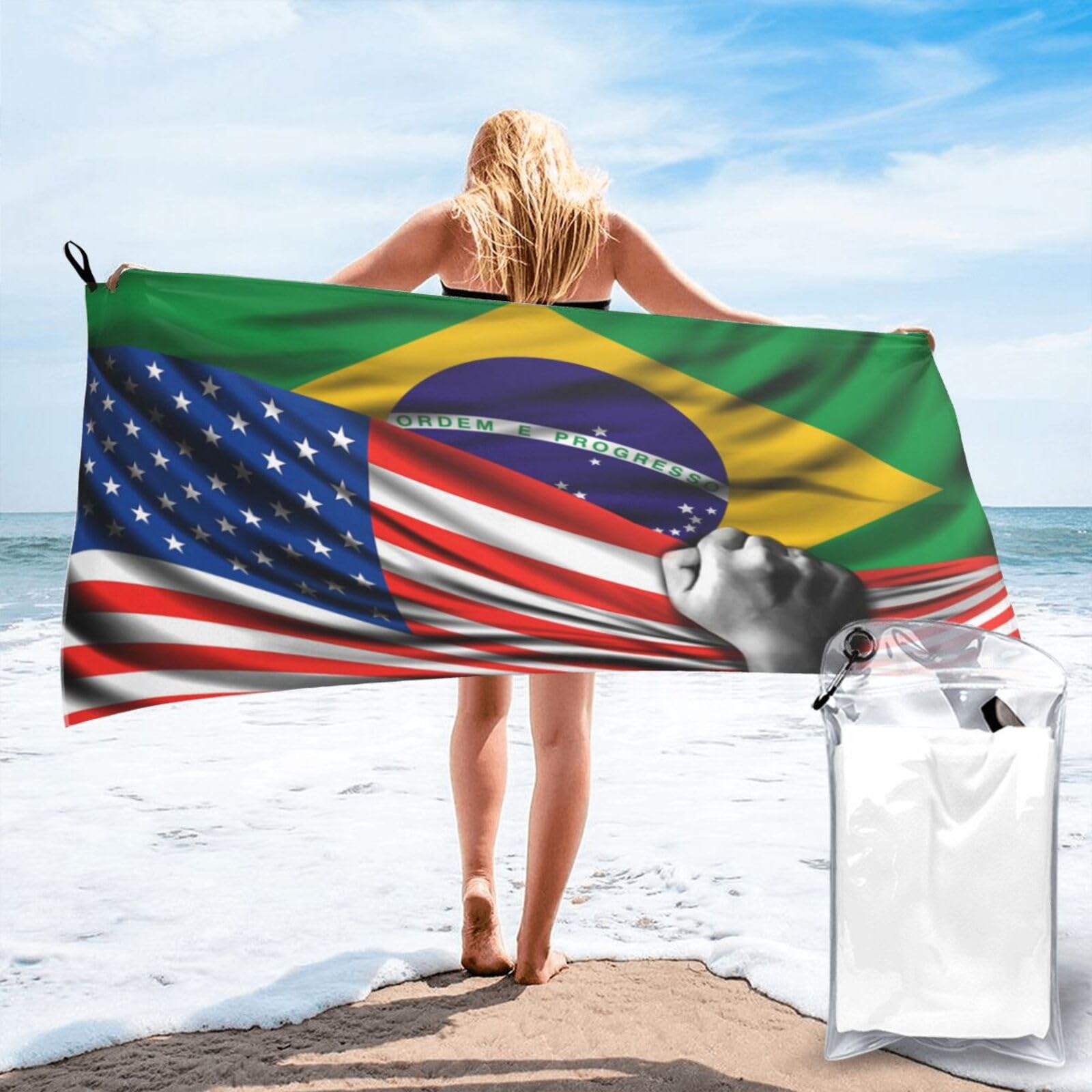HACXZ Beach Towel America Flag and Belize Flag Microfiber Beach Towel Lightweight Absorbent 31.5"X63"