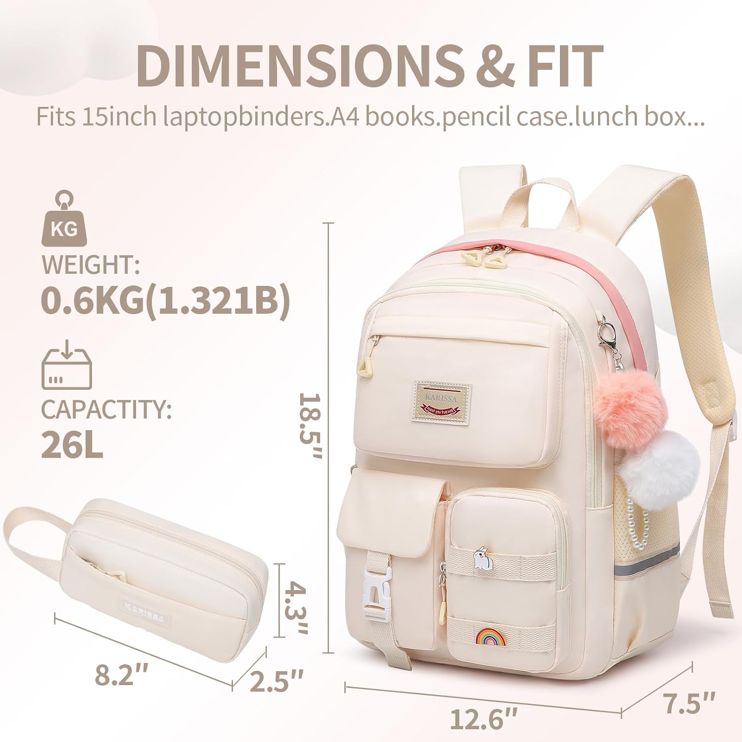 Girls Backpack Student Laptop Book Bag with Multiple Pockets for Teen Kids Elementary Middle School Travel Daypack Beige - Image 5