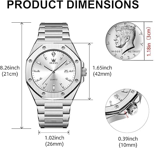 Miniatura 4 de OLEVS Relojes de Hombre de Acero Inoxidable de Lujo con Cara Octogonal para Hombre, Relojes de Vestir Analógicos de Cuarzo, Cara Grande, Luminosos