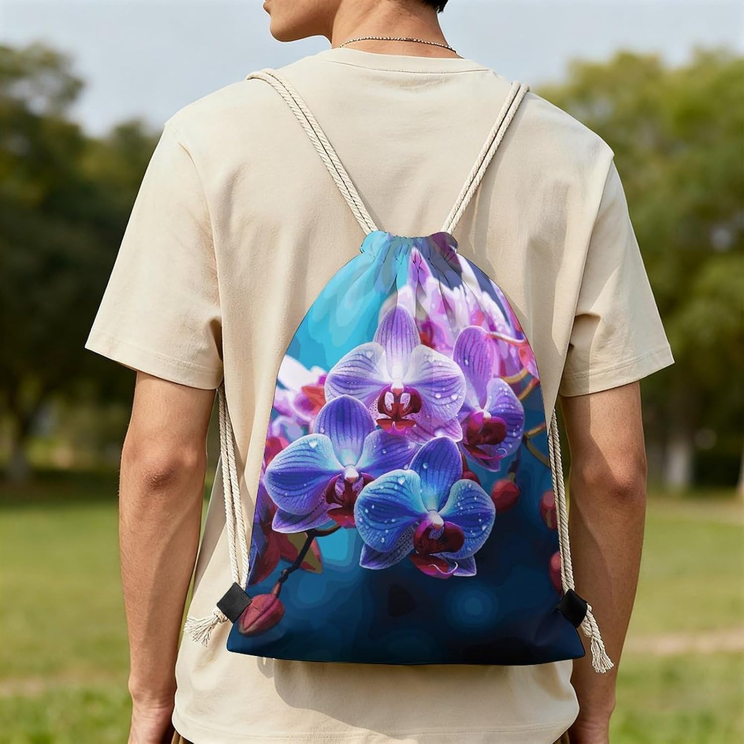MUSM Colorful Orchids Flower Drawstring Backpack for Women Men - 13.8"x19.7" Lightweight Cinch Bag Large Capacity Gym Drawstring Bag Aesthetic Sackpack Sports Backpack for Travel, Beach