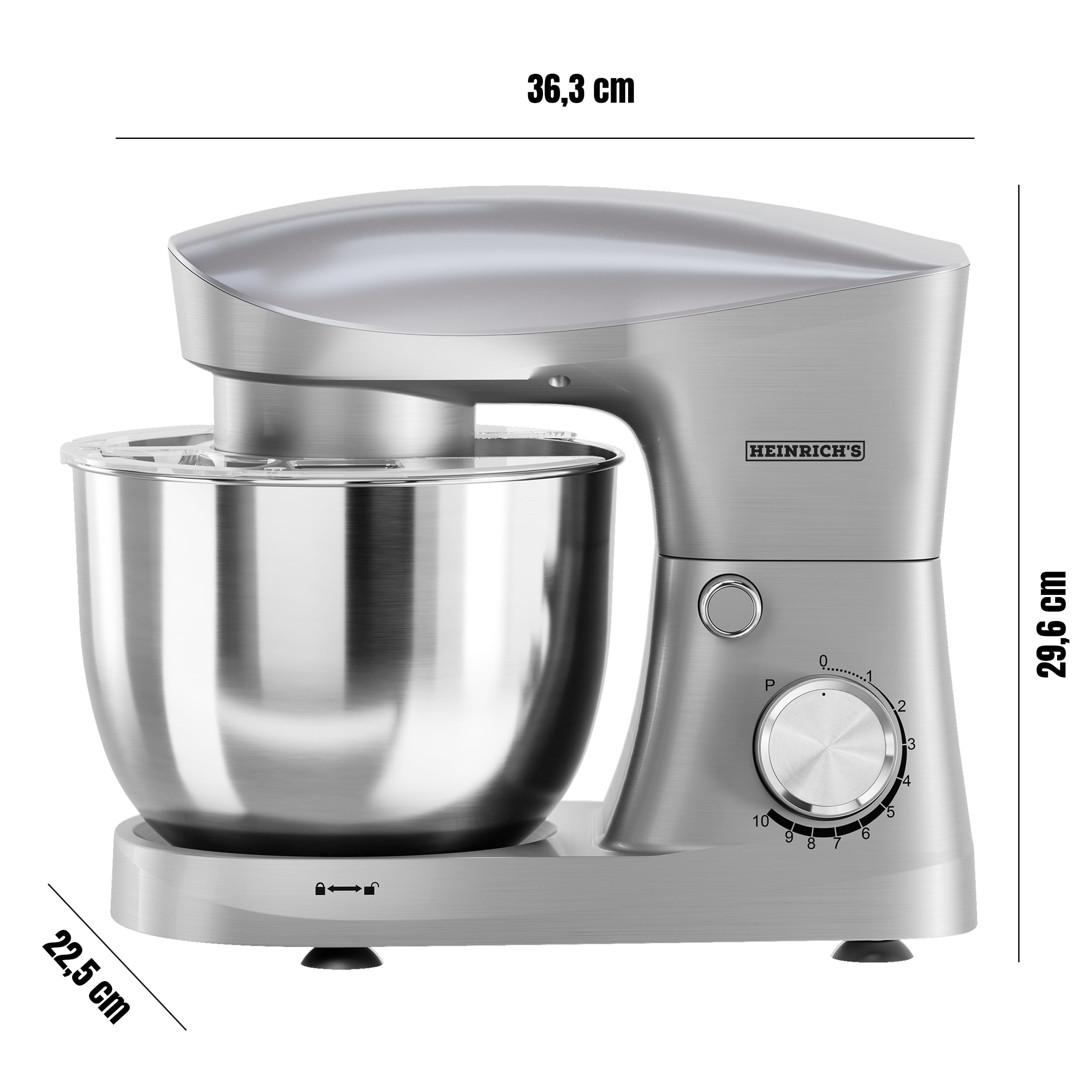 Heinrich´s Küchenmaschine, Knetmaschine, Teigmaschine, Rührmaschine, 1500W Küchengerät, Knethaken, Rührhaken, Schneebesen, 10 einstellbare Geschwindigkeiten, XL 6L Edelstahlschüssel,geräuscharm,silber