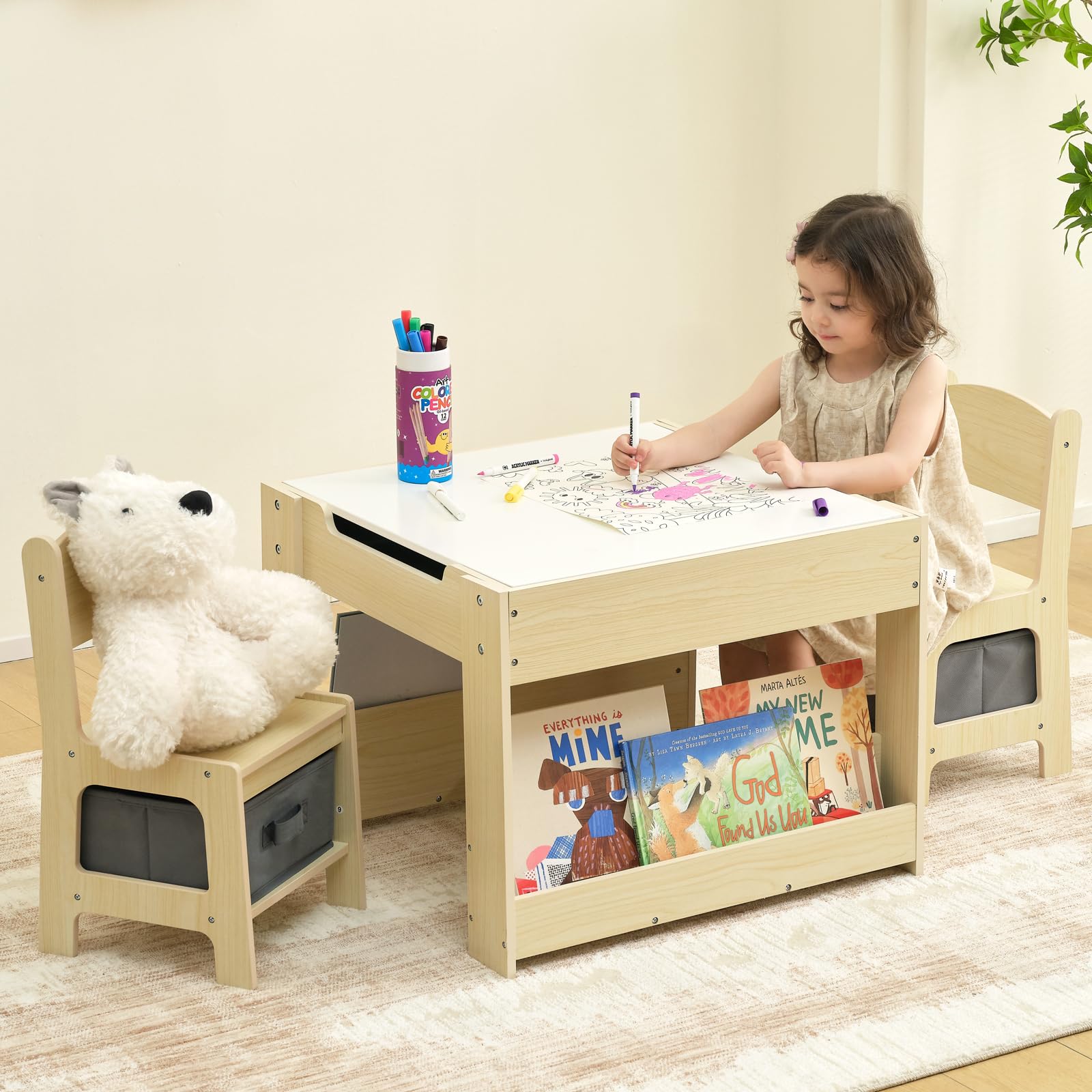 OOOK Table Enfant avec 2 Chaises 3-7 Ans, Table et Chaise Tout-Petit 4 en 1, Bureau Enfant avec Rangement d'activité pour Tout-Petits adapté à la Chambre d'enfant, crèche et Salle de Jeux
