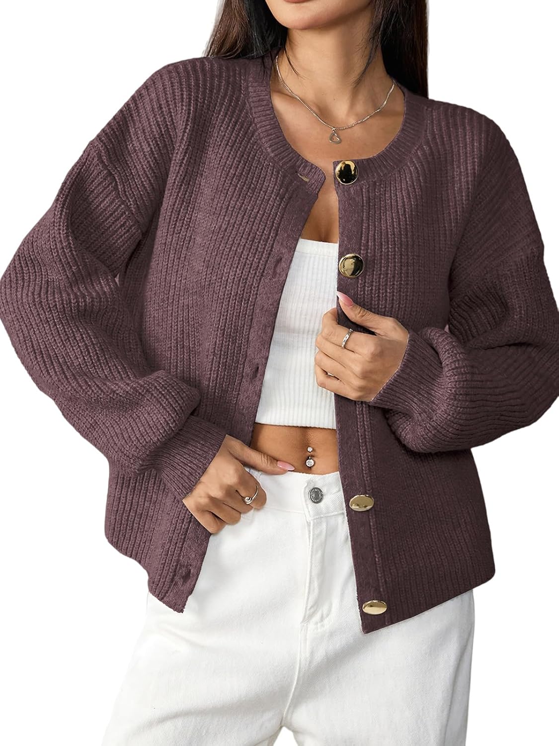 Women's Cardigan Sweaters Fall Button Chunky Knit Cropped Sweater Long Sleeve Loose Fit Soft Winter Outwear 2025