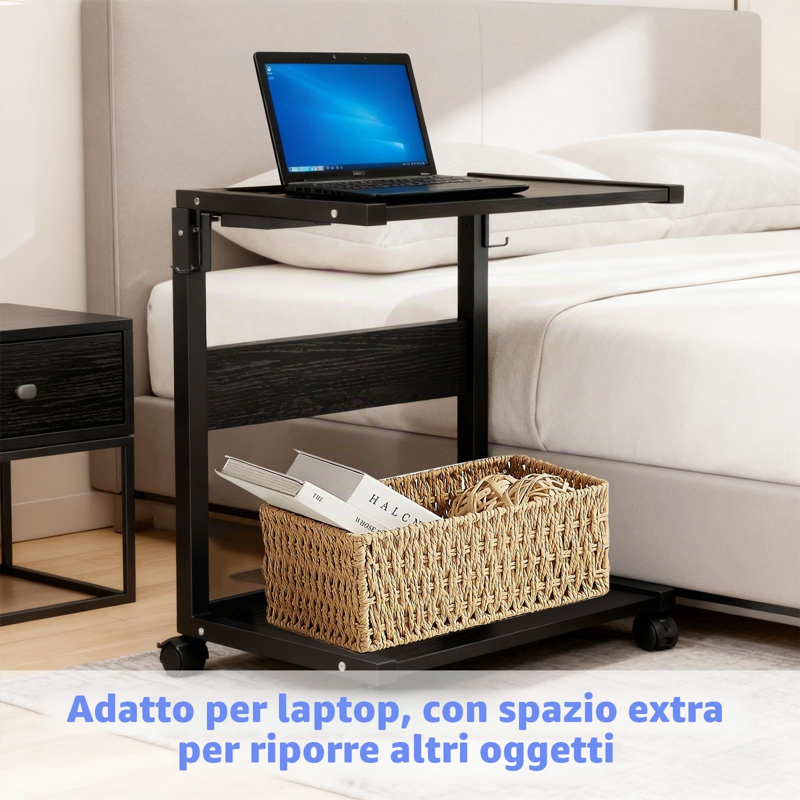 Porta PC con Rotelle, Supporto per Computer Tower Regolabile in Altezza | Mobile per Stampante con 4 Ganci, per Scrivania e Pavimento (58.5-72 cm)