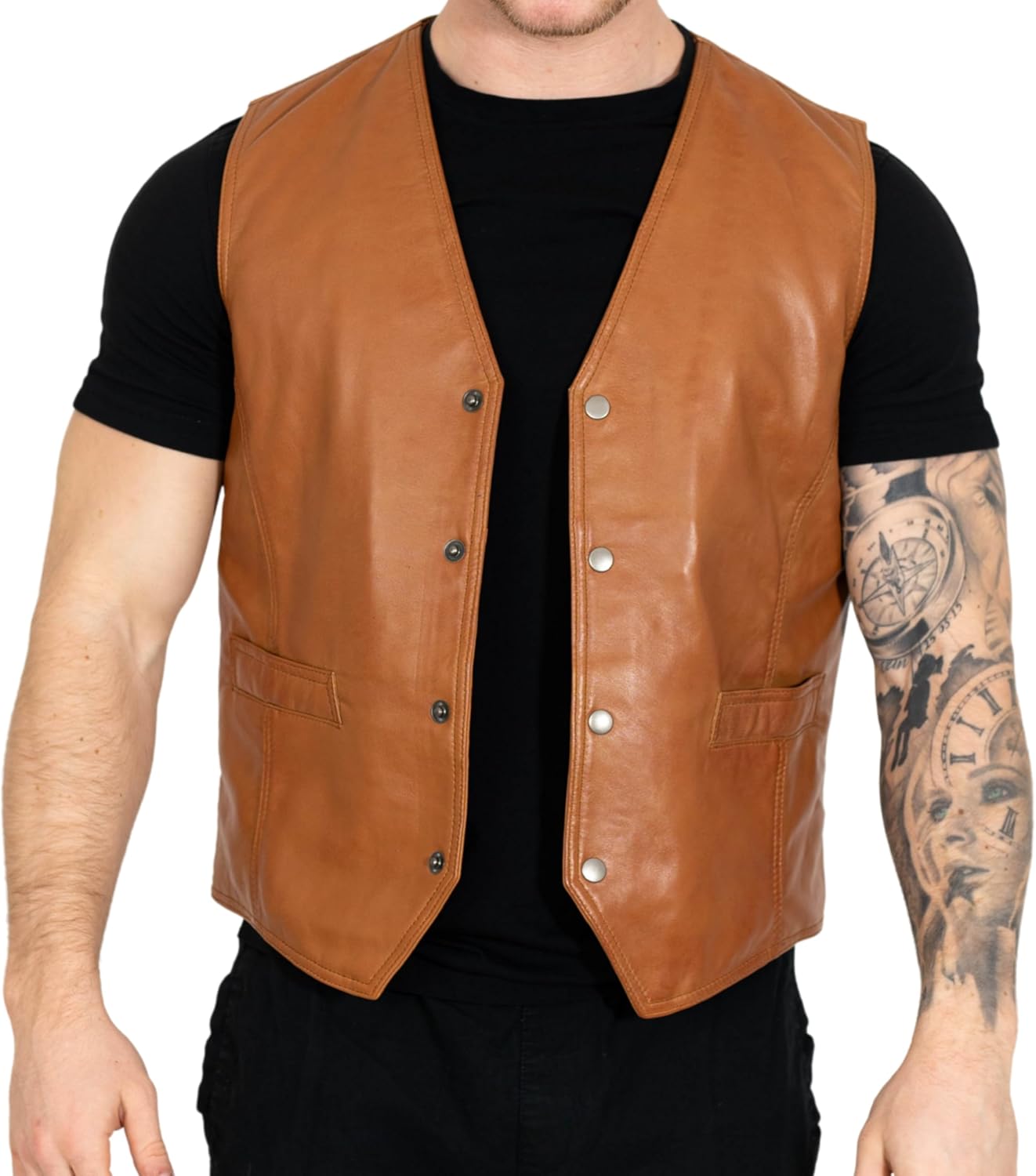 BRICK LANE Men's Leather Vest | V-Neck Western Design Waistcoat with 4 Pockets - Lamb Nappa Leather Lightweight Jacket
