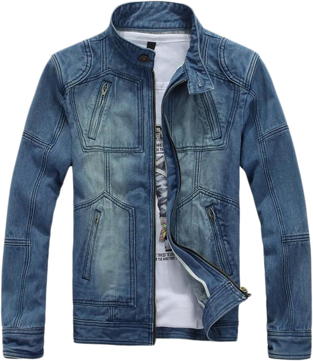 Tasatific Mens Hipster Zipper Detail Washed Motorcycle Denim Jacket L