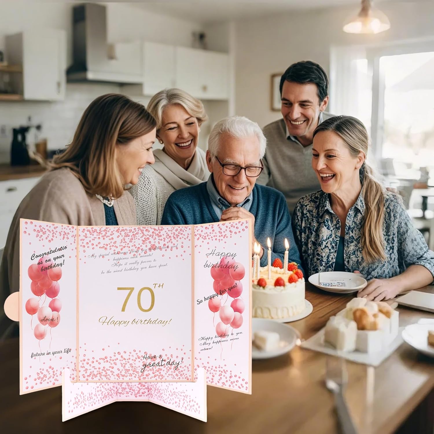 70th Birthday Guest Book and Party Decorations Set, 12x18 inch Sign-in Signature Card with Matching Envelope + Foldable Stand,Gold Foil Stamped Inner Pages,Pink - Image 6