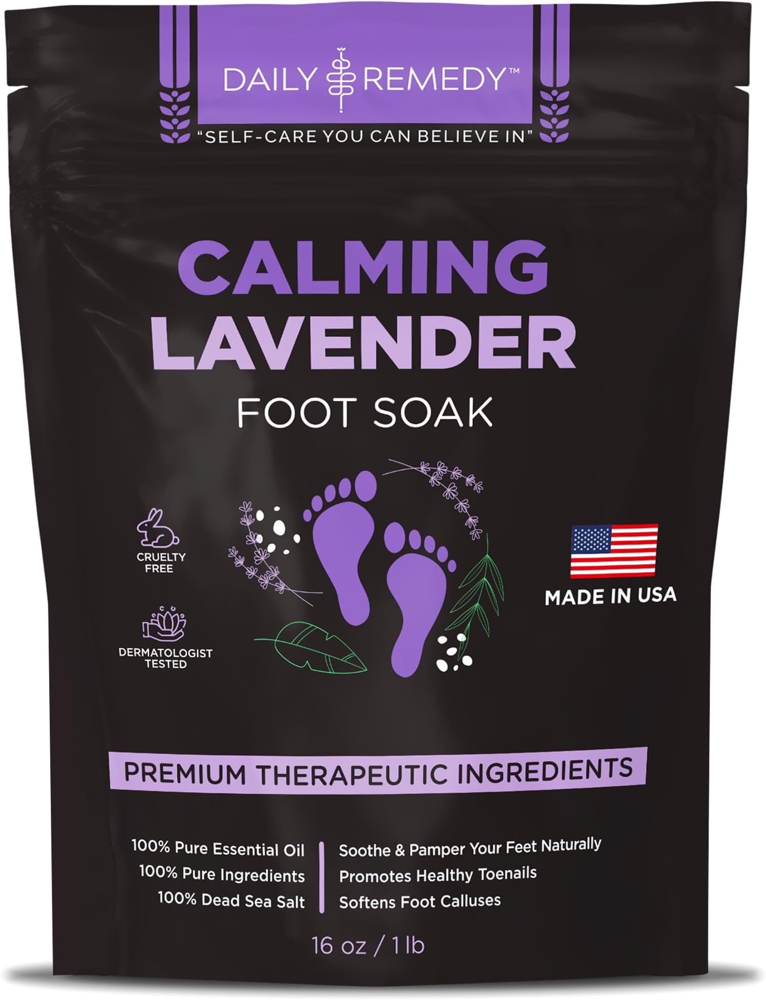 Calming Lavender Foot Soak with Epsom Salt, Made in USA, Foot Soak Soothes Tired Feet, Athletes Foot, Stubborn Foot Odor, Softens Calluses & Helps Treat Toenail, 16 oz 1 lb