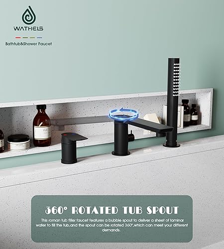 Miniatura 3 de Grifo de bañera romano moderno negro mate con boquilla giratoria de 360, grifo de bañera de montaje en cubierta con ducha de mano, grifo de llenado