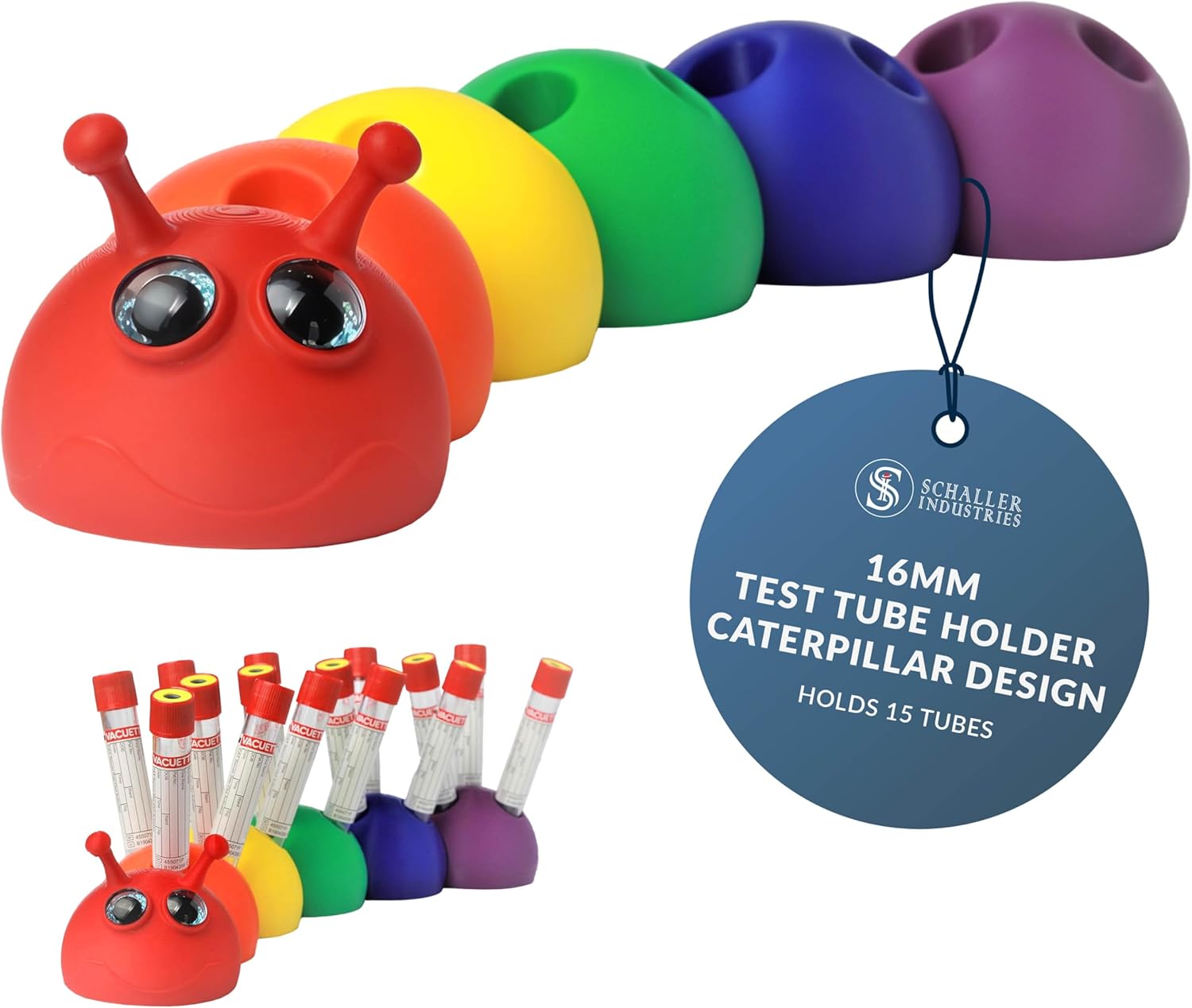 Schaller Industries Rainbow Caterpillar Test Tube Rack – 16mm, Holds 15 Blood Tubes, Playful Rotating Design, Veterinary Clinic Lab Organizer