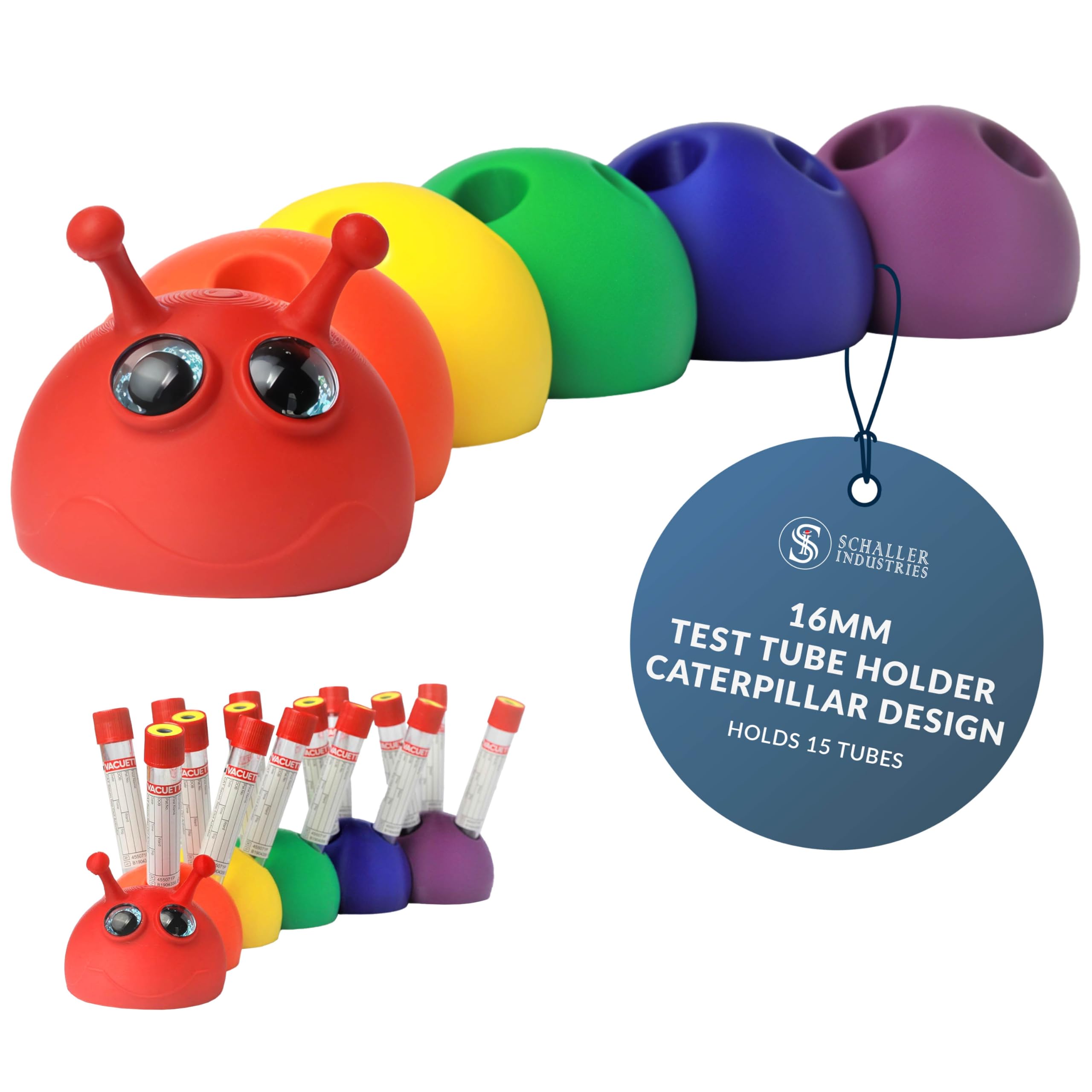 S I Schaller Rainbow Caterpillar Veterinary Test Tube Rack, 15 Vials, 16mm