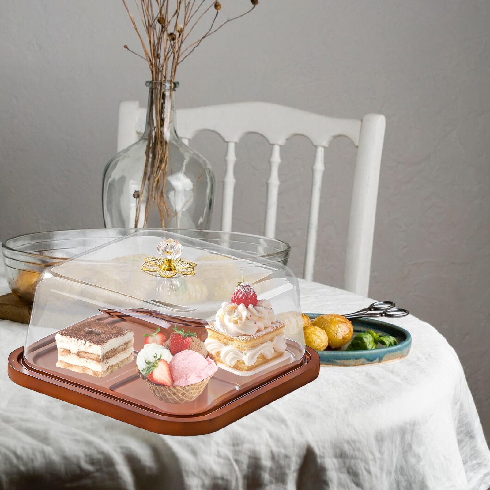 Présentoir à Gâteaux avec Couvercle, Plateau de Service, Présentoir à Cupcakes Multifonctionnel, Planche à Charcuterie, Anniversaire, Noël, Carré 26.5 X 14.5 Cm