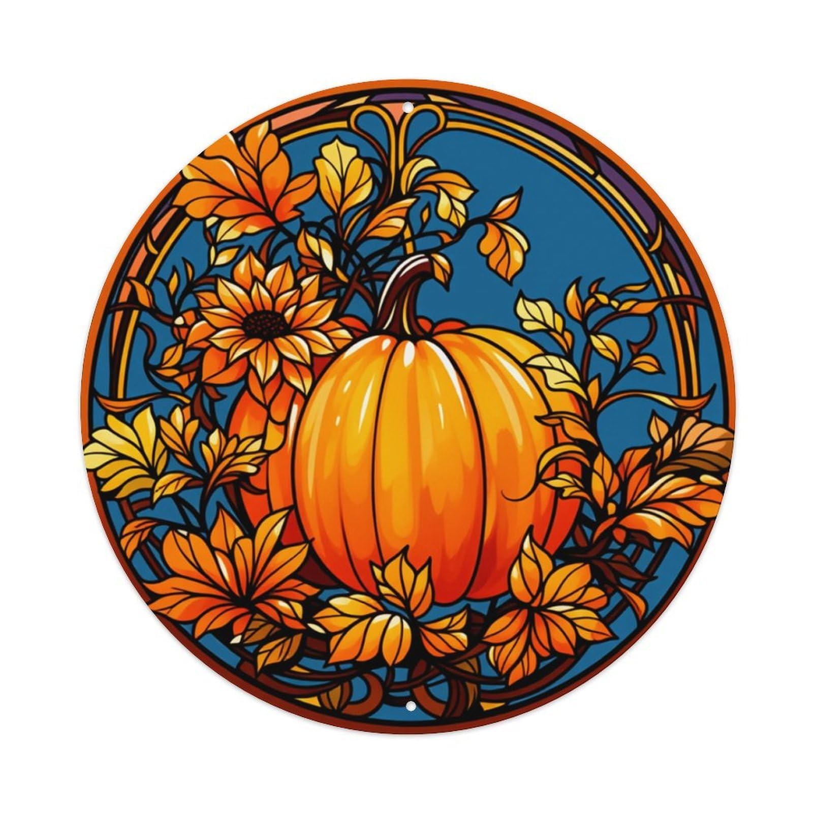 Autumn Pumpkin Floral Circle Design Round Tin Sign Vintage Metal Poster, Home Bar Garage Man Cave Cafe Indoor & Outdoor Wall Decoration 8x8Inches