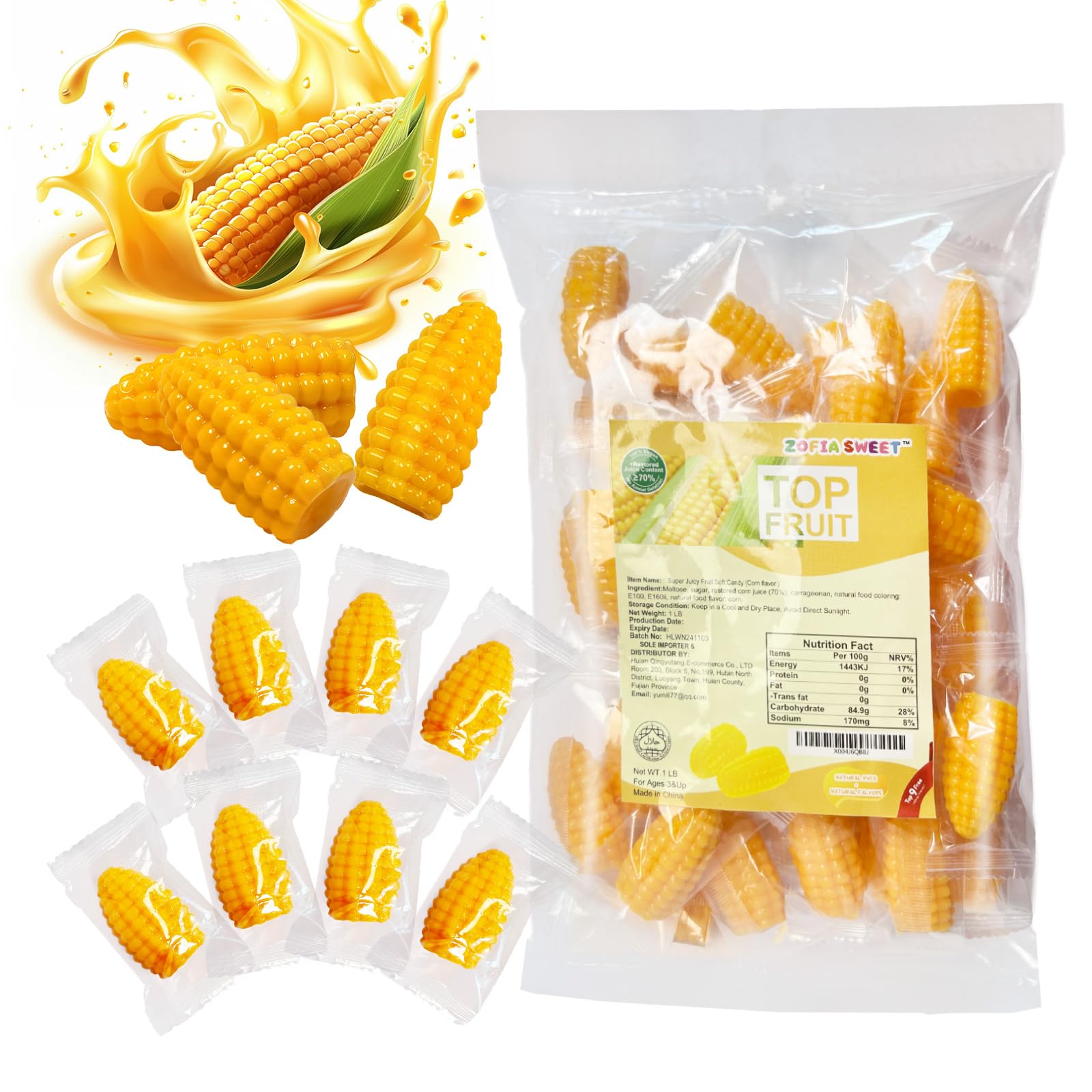 Natural Corn Flavored Gummy Candy Snack, Vegan, Super Juicy with 70% Real Juice Content, No Artificial Flavors or Dyes, Allergy Friendly, Soft & Chewy Gummi Candy Individually Wrapped 1LB Pack Bulk