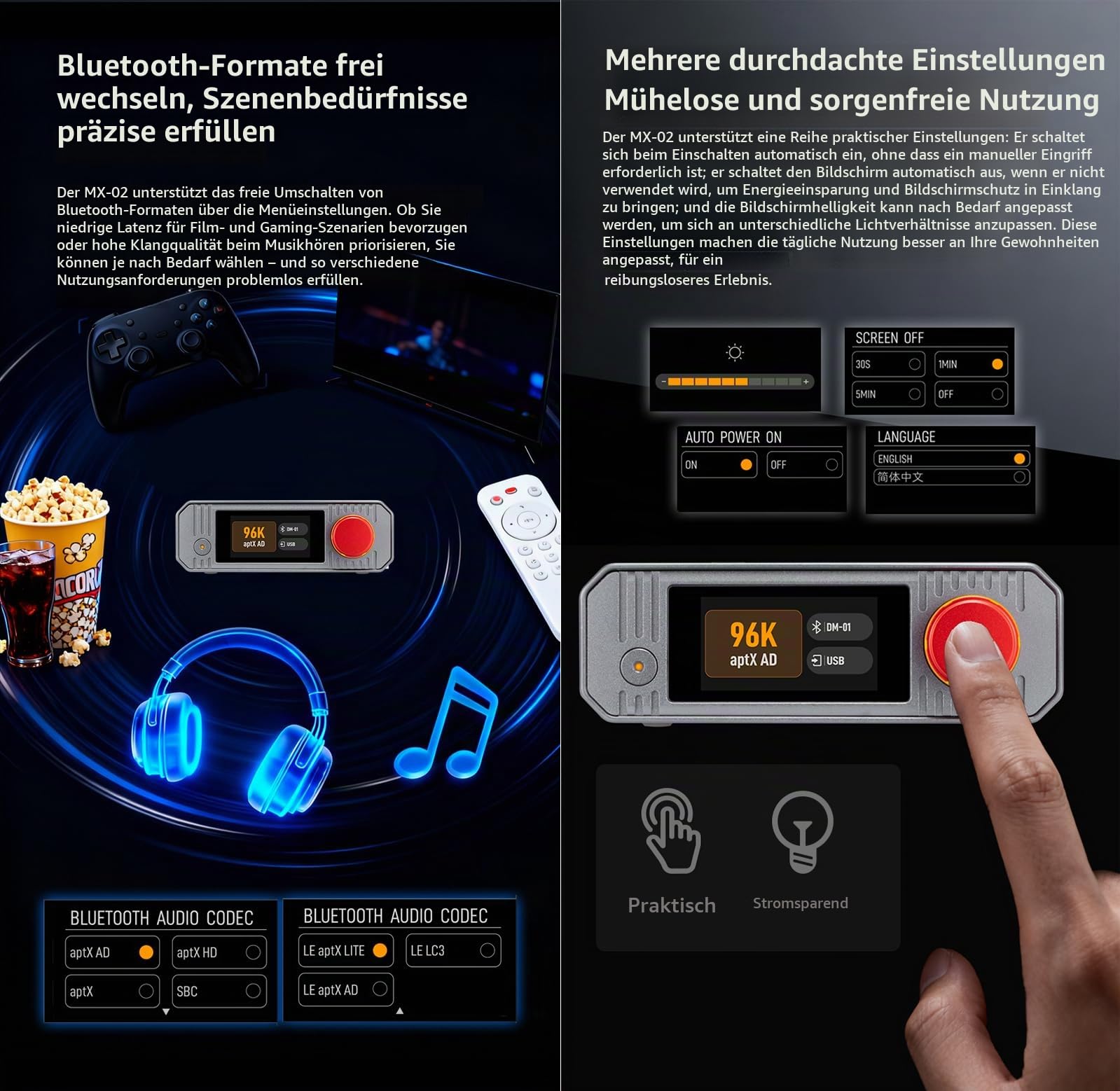 xDuoo MX-02 HD Bluetooth 5.4 Audio-Sender – LE Audio und aptX Lossless für extrem niedrige Latenz, Bluetooth-Dongle für PC/TV/CD-Player/PS5, kabelloser Lossless-Sender für Lautsprecher/Kopfhörer