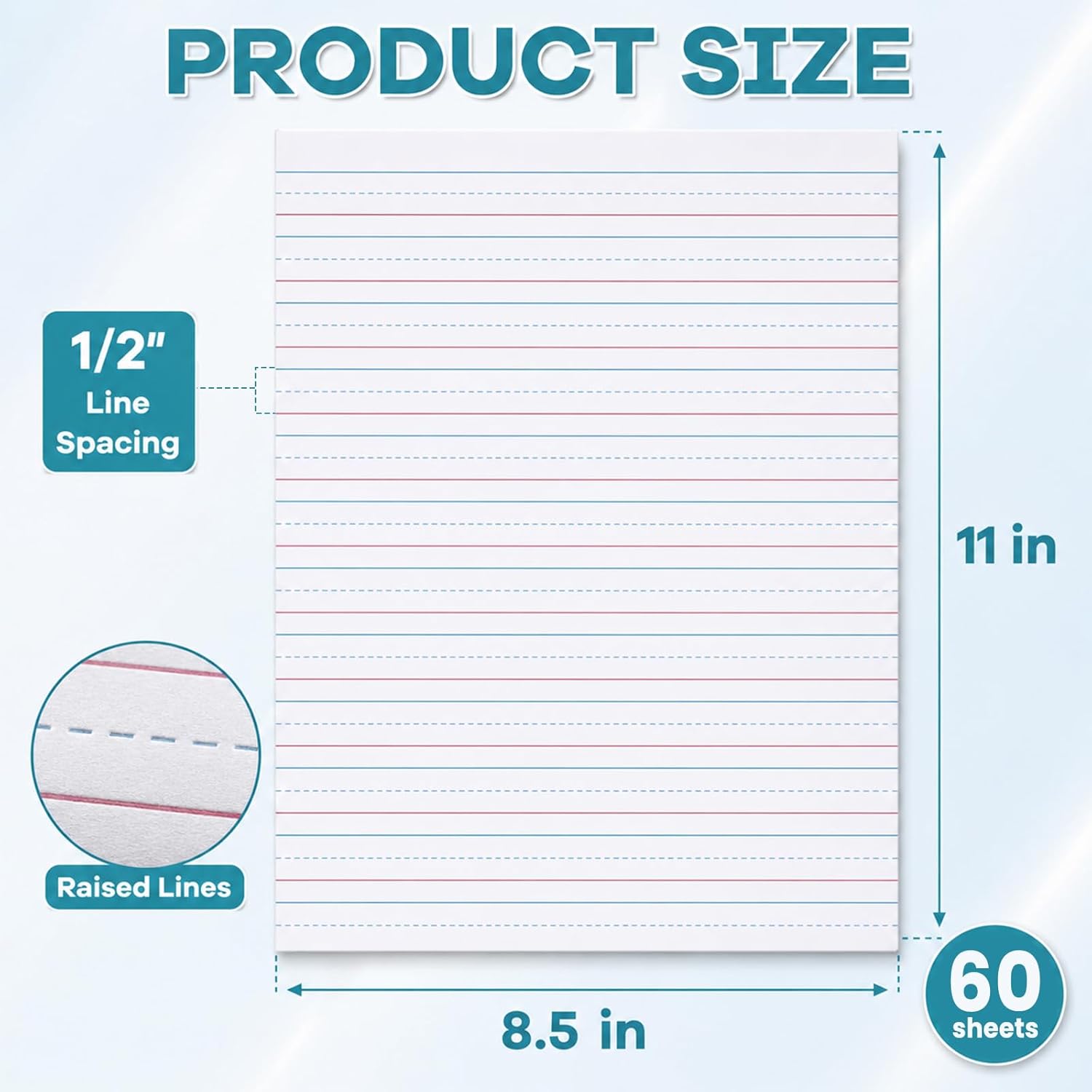 OBUSATT Kindergarten Practice Paper Raised Line Primary Writing Paper with 0.5inch Spacing Multi-Sensory Wide Line Kindergarten Handwriting Tablet for Kids Teachers, 8.5 x 11 Inch（60 Sheets）