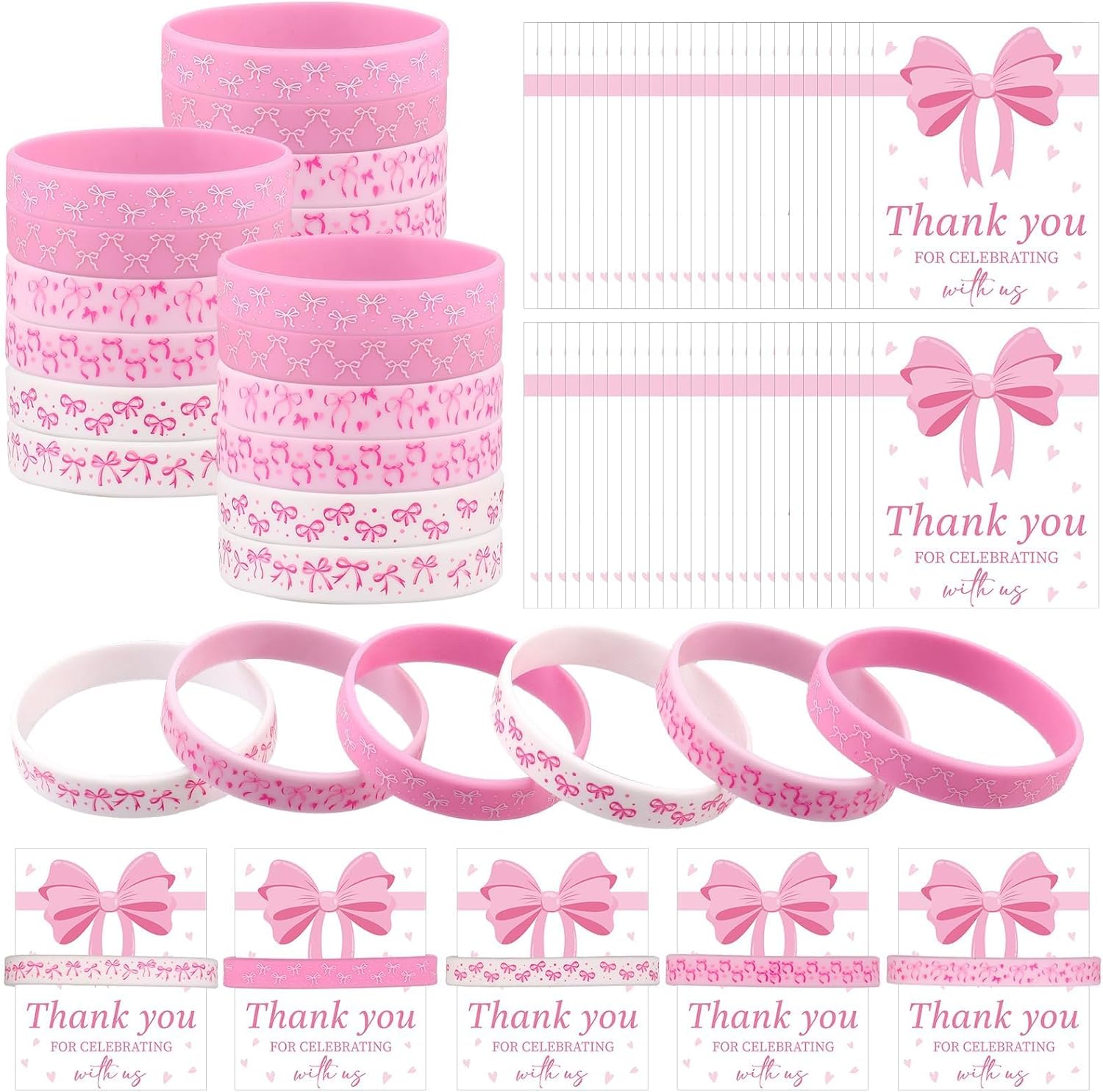 36 Sets Pink Bow Wristbands Party Favors Coquette Silicone Bracelets and Thank You Cards Bulk Pink Coquette Bow Themed Party Decorations Supplies Gifts for Women Girls - Image 9