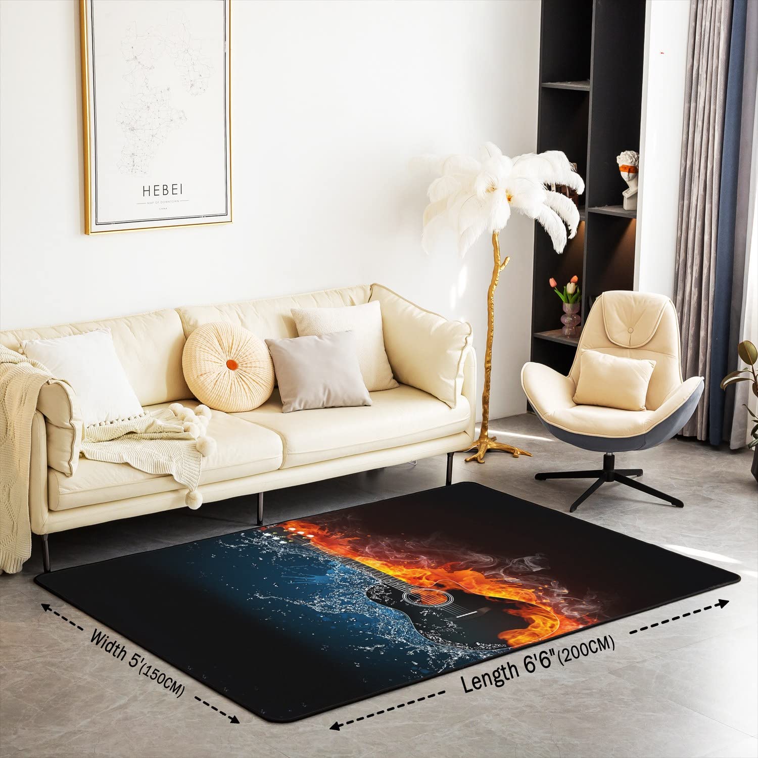 Loussiesd Tappeto per chitarra Rock Musica Decorativa Arredamento per la Casa Strumento Musicale Ghiaccio e Fuoco Oro Blu Popstar Party Accent Tappeto 100 x 150 cm