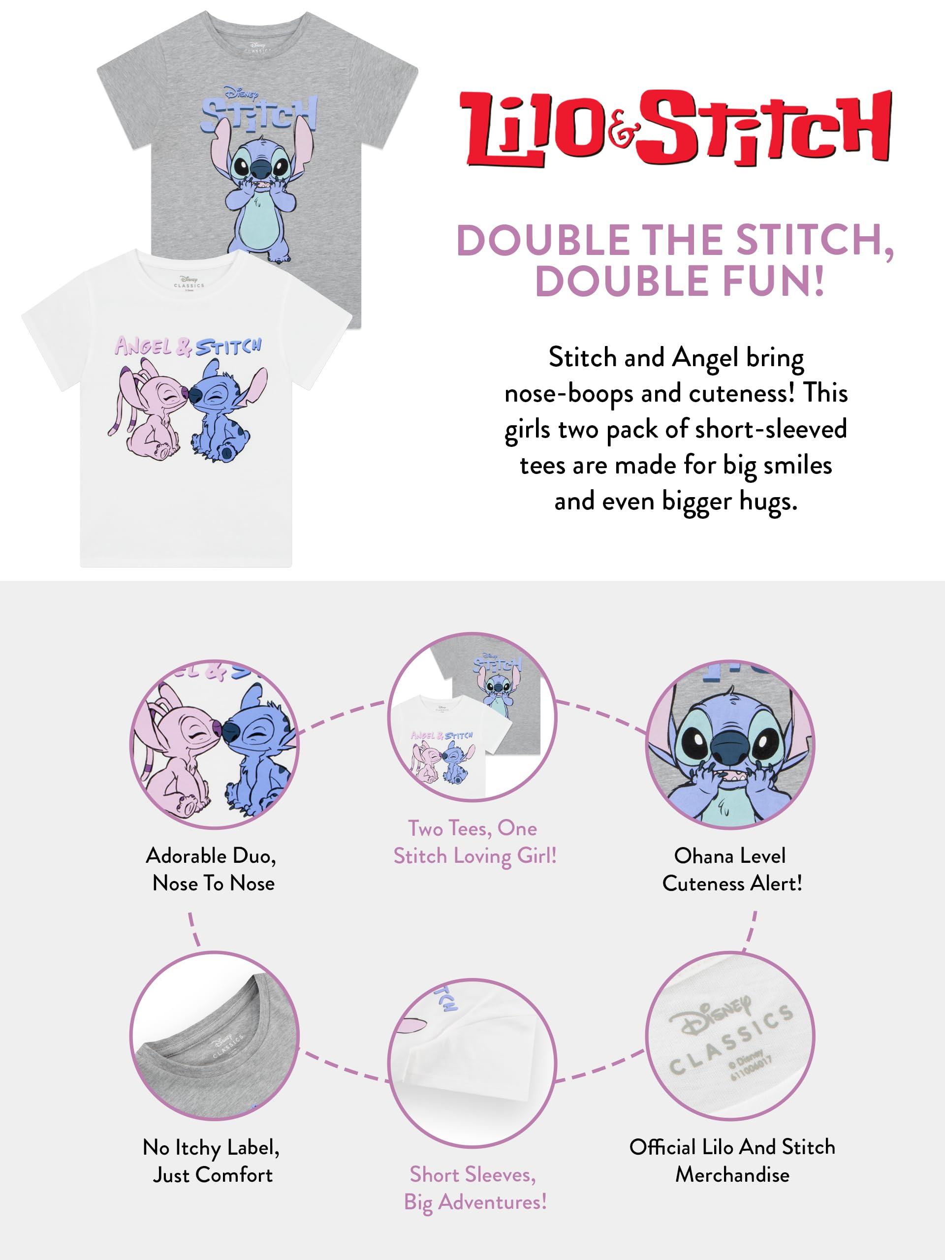 Disney Stitch T-shirt 2 Pack | Multipack Koszulek dla Dziewczynek | Ubrania Stitch Dla Dziewczynek