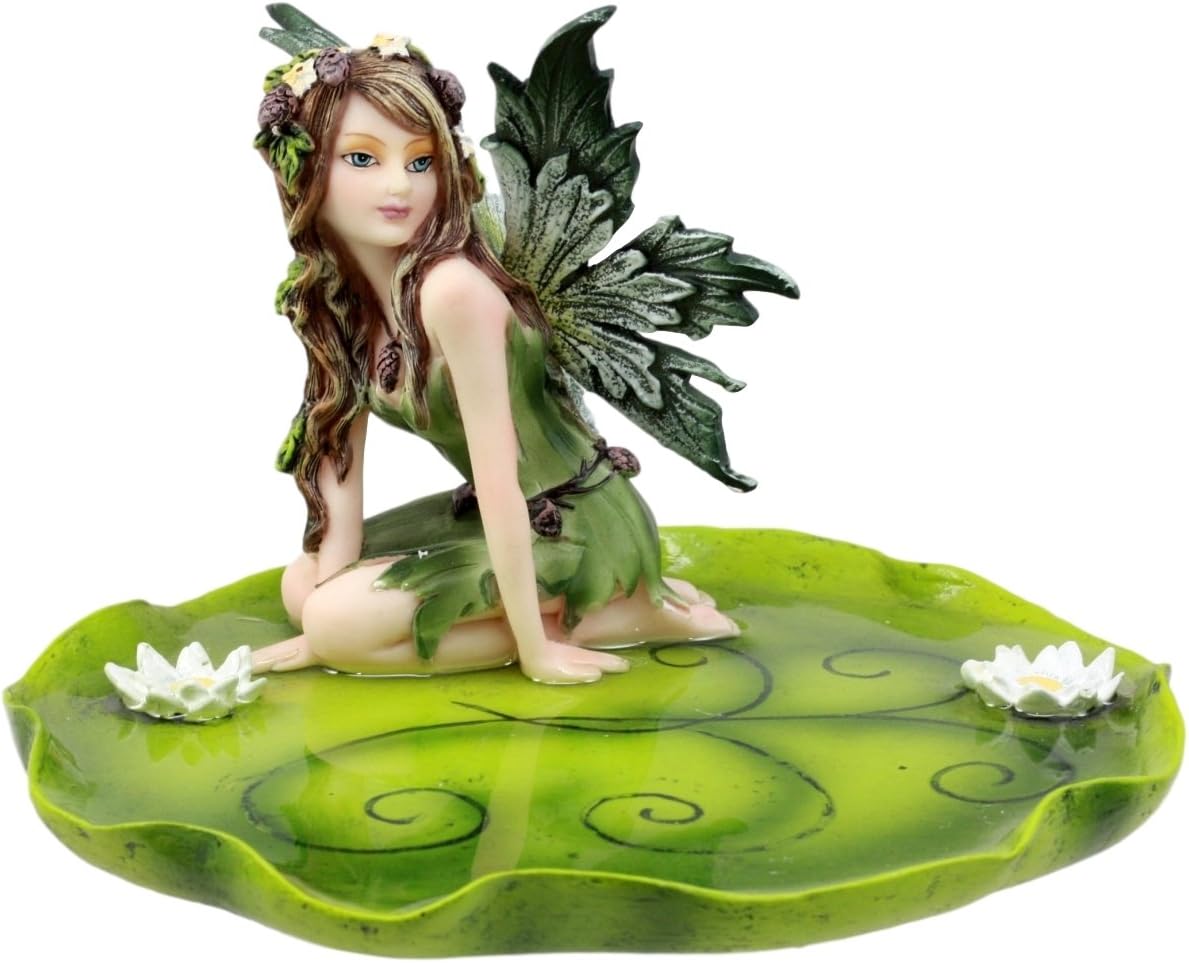 Ebros Gift Green Absinthe Fairy Kneeling On Lotus Petal Soap Dish Figurine Jewelry Dish Plate Vanity Decor 6.25" Long