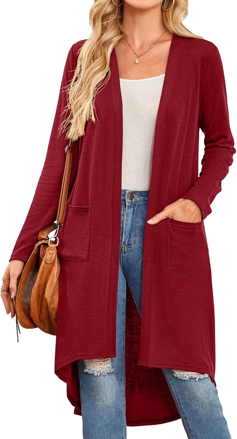 Bluetime Women Open Front Long Cardigan Lightweight Long Sleeve High Low Hem Maxi Duster with Pockets (S-3XL)