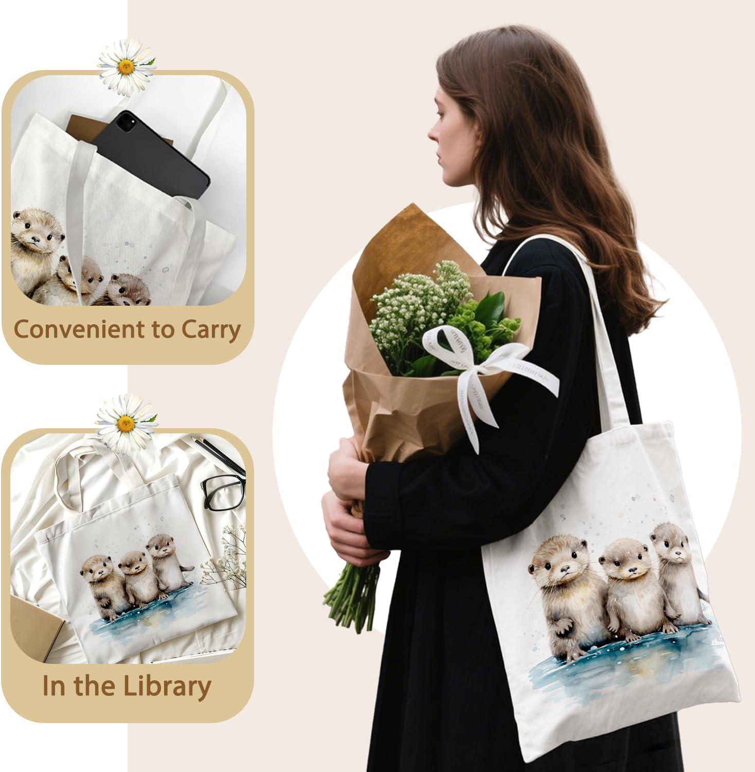 Baby Otter Cute Tote Bag for Women Teens Girls, Sea Otter Gifts, Cute Canvas Tote Bag for Women Girls Otter Lovers, Reusable Grocery Bags Shopping Bags - Image 5