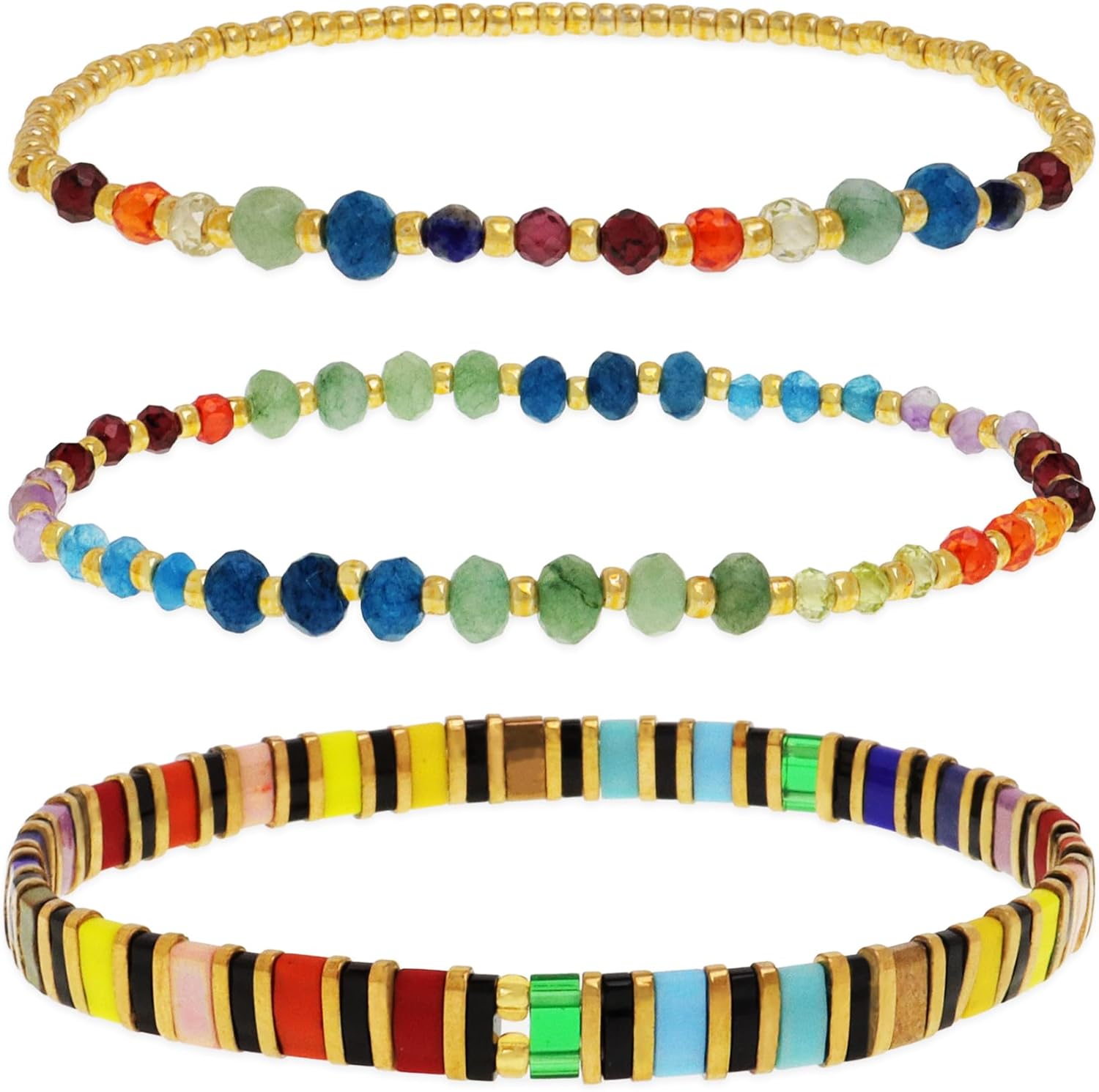 Tila Flat Gold Beaded Bracelets Stack Set for Women, Boho Colorful Handmade Gemstone Miyuki Glass Beads Stretch Festive Holiday Accessories Jewelry Gift.