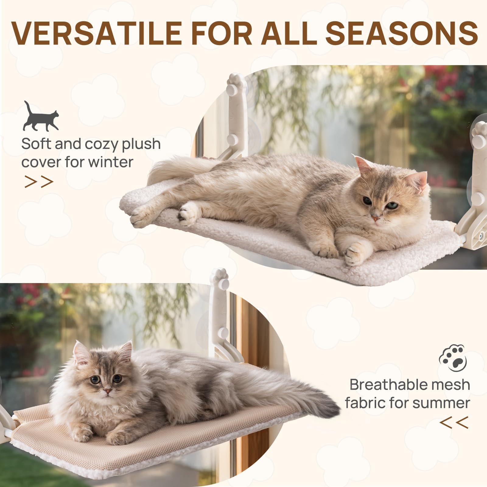 Amaca per finestra per gatti da interni, pieghevole, con tappetino reversibile, con forti ventose robuste (beige, L)